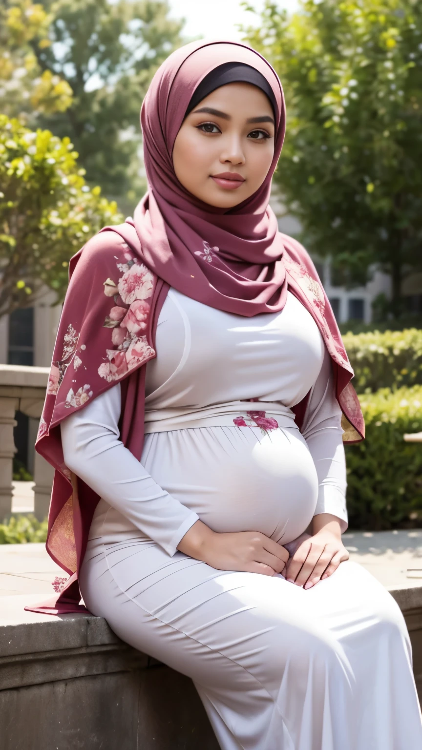 RAW, Best quality, high resolution, masterpiece: 1.3), beautiful Malay woman in hijab,Masterpiece, perfect fit body, big breast, huge pregnant, biggorgeous eyes, Soft smile,thick thighs,sitting,muslim close up of a woman wearing a red floral dress and a tan scarf, hijab, lovely woman, white hijab, beautifull malay, very beautifull girl, shawl, lovely, wearing beautiful clothes, cute beautiful, feminine in cute pastel shades, dress, beautiful female,Delicate turtleneck, shairband, afternoon walk, City garden, Excellent lighting, Bright colors, Clean lines