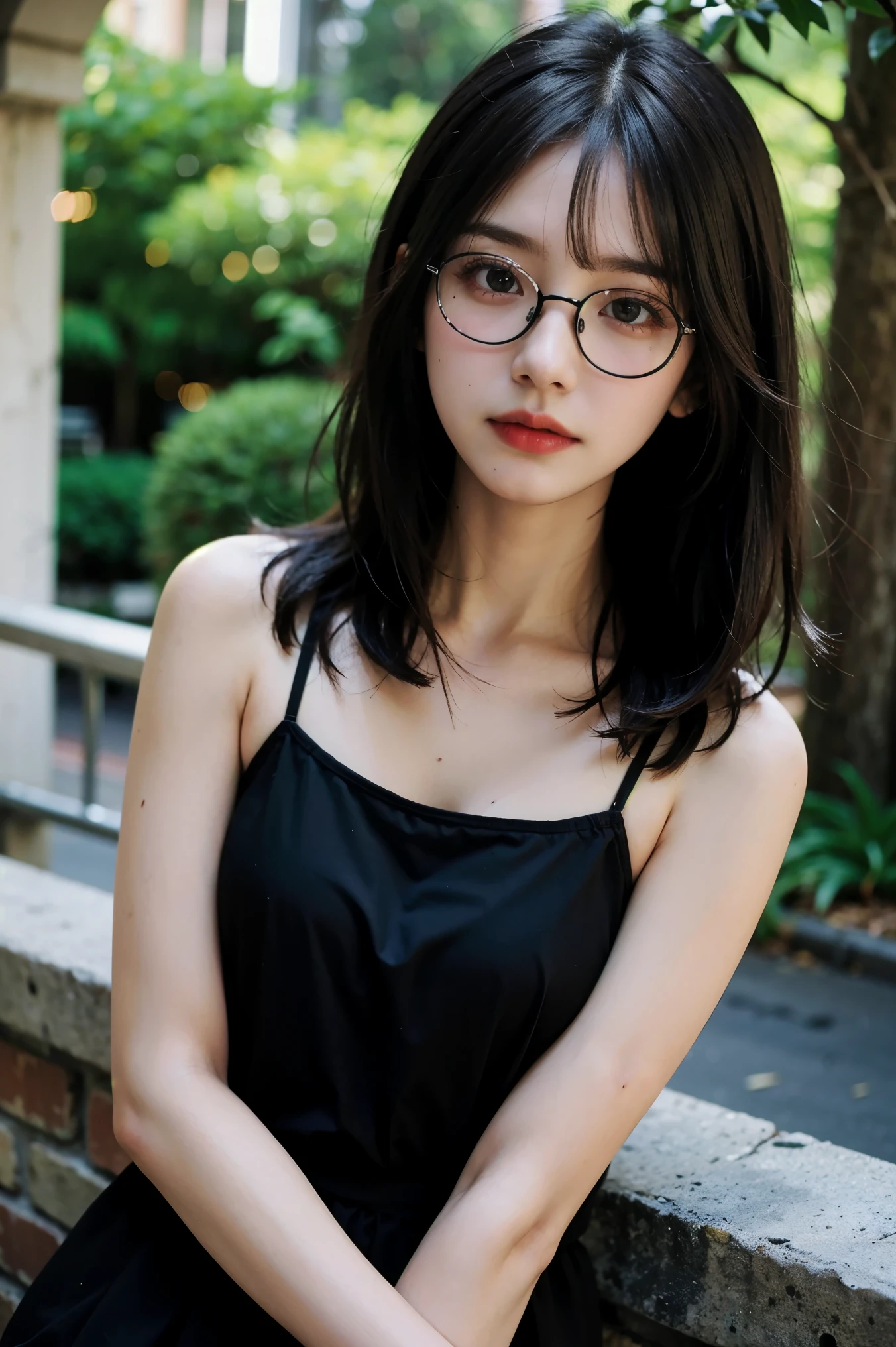 Top quality, one beautiful woman, 25 years old, (extra short hair,forehead), (straight hair:1.5), (black hair:1.5), (dark eyes:1.3), (glasses), slendar body, black hair, pale skin, (medium chest:1.4) BREAK depth of field, portfolio, outside