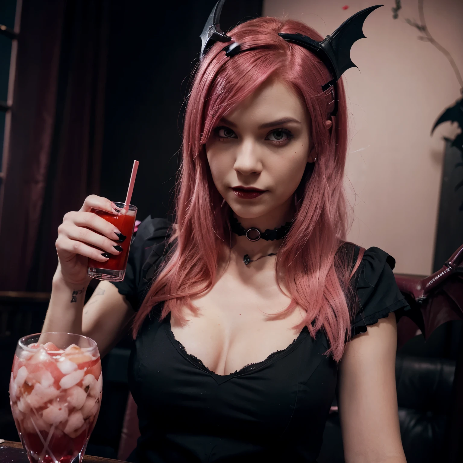 Vampire with pink hair, red eyes, in black clothes with pink details, with large bat wings, with a glass of blood with a straw, Pixar style