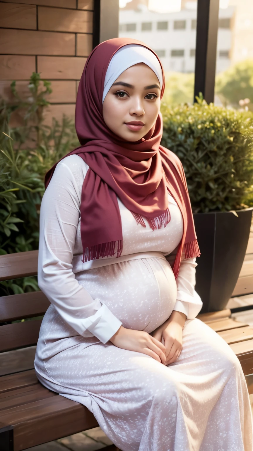 RAW, Best quality, high resolution, masterpiece: 1.3), beautiful Malay woman in hijab,Masterpiece, perfect fit body, big breast, huge pregnant, biggorgeous eyes, Soft smile,thick thighs,sitting,muslim close up of a woman wearing a red floral dress and a tan scarf, hijab, lovely woman, white hijab, beautifull malay, very beautifull girl, shawl, lovely, wearing beautiful clothes, cute beautiful, feminine in cute pastel shades, dress, beautiful female,Delicate turtleneck, shairband, afternoon walk, City garden, Excellent lighting, Bright colors, Clean lines