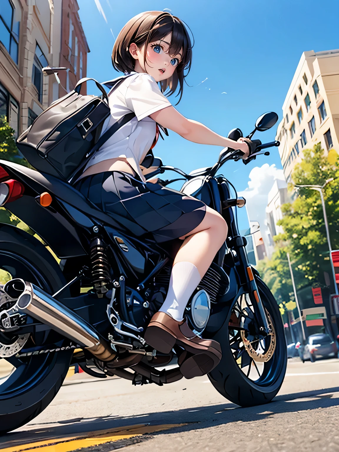 angle from below, motorcycle is on the street downtown, drooping eyes, rider with school uniform, wheelie,  
