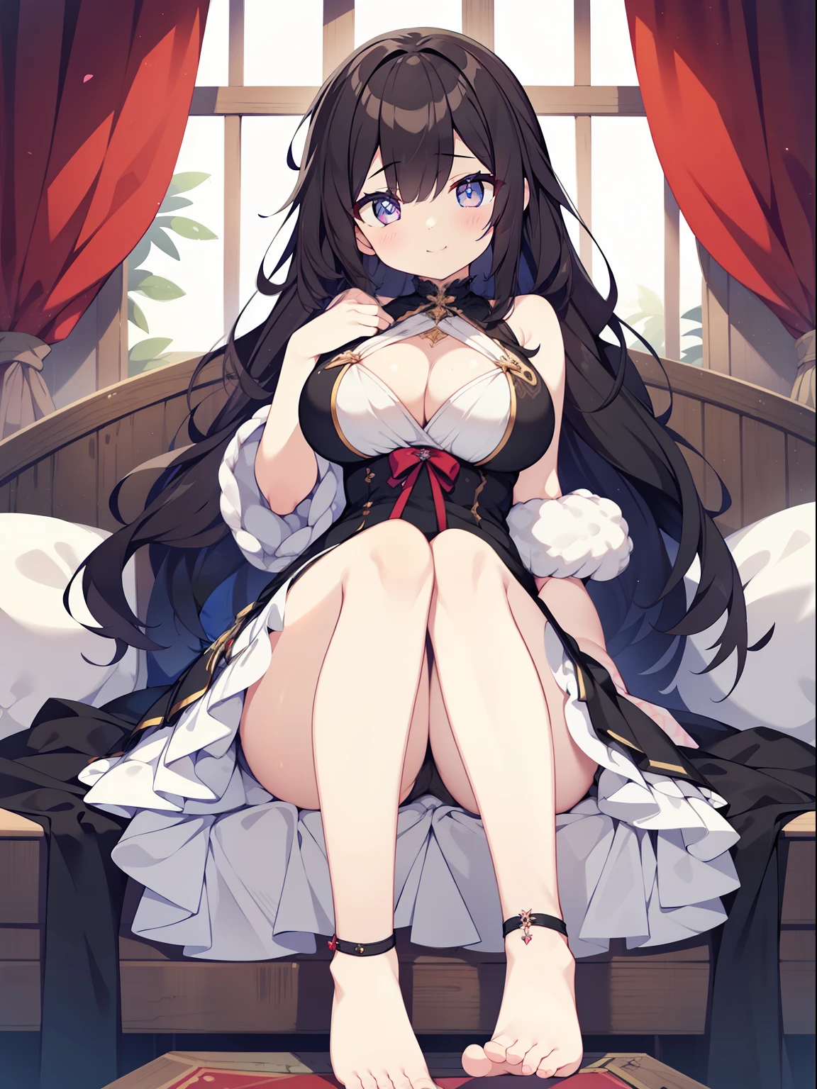 (one girl:1.2), (alone:1.2),( girl)、young girl、big breasts、 table top, nffsw、shader、highly detailed eyes、long black hair、silky hair、ultra-intricate pupil in eyes、highest quality、Dresses that are too big for your body type、hide cleavage、Low exposure、bright colors、bust 85、Standing picture of the game、Pose to emphasize、Mini skirt dress(Large and wide々it was、white)(big fluffy costume)(side boob)、Mini skirt dresses、panty shot、thin legs、barefoot、Arm Crossing Pose、bare hands、stinky eyes、ニヤリit was表情、evil smile、Showing the soles of the feet、whiteい衣装、