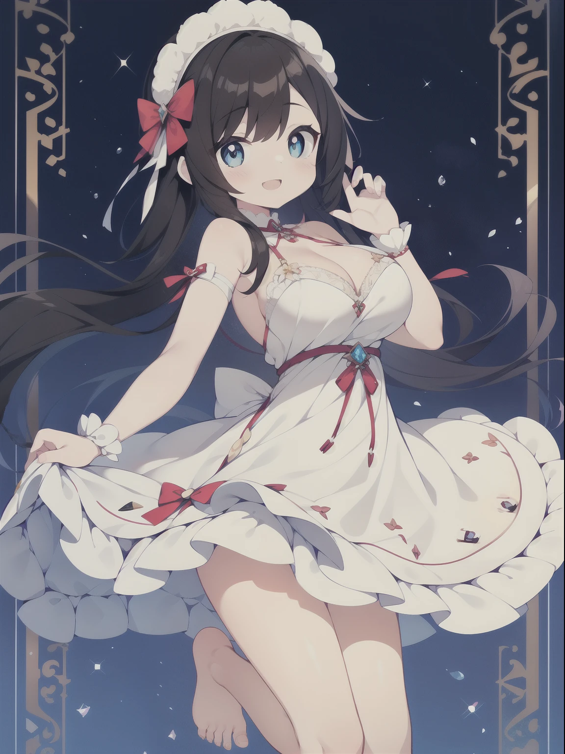 (one girl:1.2), (alone:1.2),(13 year old girl)、young girl、big breasts、 table top, nffsw、shader、highly detailed eyes、long black hair、silky hair、ultra-intricate pupil in eyes、highest quality、Dresses that are too big for your body type、hide cleavage、Low exposure、bright colors、bust 85、Standing picture of the game、Pose to emphasize、Mini skirt dress(Large and wide々it was、white)(big fluffy costume)(side boob)、Mini skirt dresses、panty shot、thin legs、barefoot、Arm Crossing Pose、bare hands、stinky eyes、ニヤリit was表情、evil smile、Showing the soles of the feet、whiteい衣装、