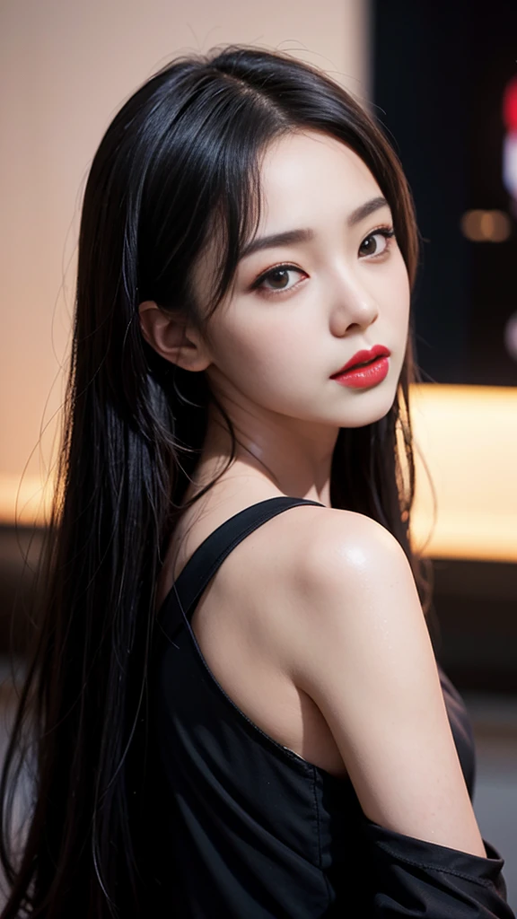 Close-up of woman with black dress and red lips Artwork in the style of guweiz by Russell Dongjun Lu Realistic Cheng Yi by Yanjun Cheng Inspired by Yanjun Cheng Realistic art style Soft Portrait Display 8k Portrait Display 8k Realistic Anime Girl Portrait Display Beautiful and realistic face light pink backdrop