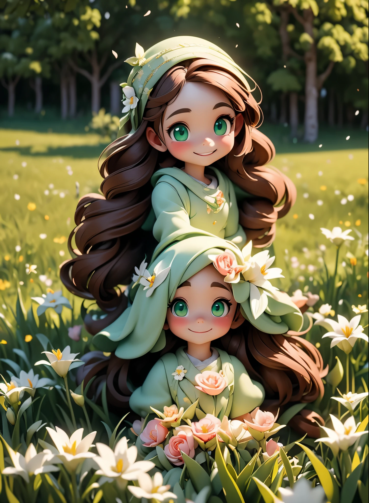 (masterpiece), (highest quality), ultra high resolution, sharp focus, ((1 female, alone)), Upper body, dutch angle, beautiful fine hair, chestnut hair, long hair falls, beautiful detailed face, ((Beautifully shaped eyes, green eyes)), perfect feminine face, look at the audience, smile, Feminine light coordination, In the meadow of lilies flowers, sitting on the ground