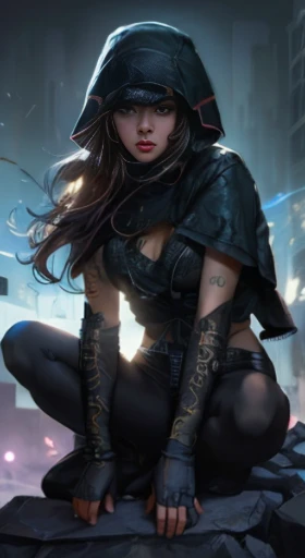 uma mulher com capuz sentada em cima de um telhado, estilo artgerm, Alena Aenami e Artgerm, artgerm extremamente detalhado, artgerm detalhado, Artista Artgerm I e WLOP, graphic artist artgerm, Artgerm e Warren Louw, por Ruan Jia e Stanley Artgerm