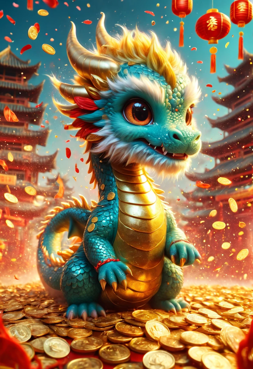 Chinese Lunar New Year has arrived，baby oriental dragon，cyan furry body，Warm，Many gold coins burst out from firecrackers，Red and gold confetti flying in the sky，（Gold coin rain），A strong festive atmosphere，It was lively。