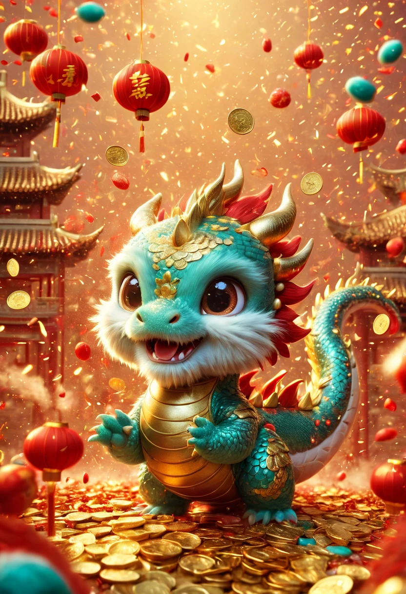 Chinese Lunar New Year has arrived， oriental dragon，cyan furry body，Warm，Many gold coins burst out from firecrackers，Red and gold confetti flying in the sky，（Gold coin rain），A strong festive atmosphere，It was lively。