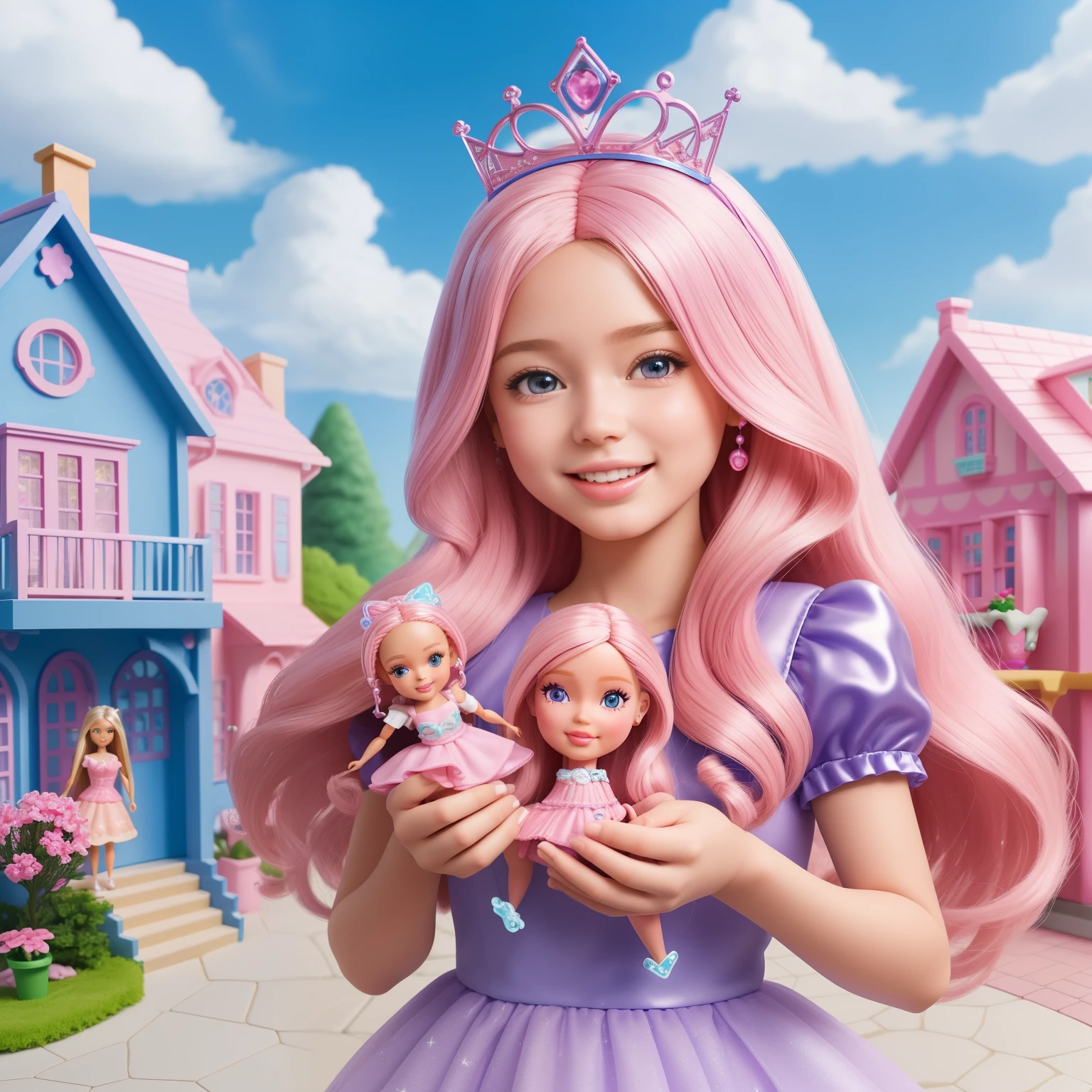 A girl playing with Barbies in a picturesque dreamhouse village, where everything is made of colorful plastic. The scene is filled with vibrant, playful colors and the houses are beautifully designed in a modern architectural style. The girl's room is filled with Barbie dolls, clothes, and accessories. She is wearing a pink, sparkly dress and has long, flowing hair with a tiara on her head. The scene is set in the daytime, with clear blue skies and fluffy clouds. The sunlight gently illuminates the village, casting soft shadows on the colorful buildings. The girl is smiling and posed with her dolls, creating a joyful and imaginative atmosphere. The art style is a combination of illustration and photography, with a touch of fantasy. The color palette is dominated by pastel hues, particularly shades of pink and purple, giving the scene a dream-like quality. The lighting is bright but soft, highlighting the details of the village and the girl's excited expression. The overall image quality is the best, with sharp focus and ultra-detailed features. It aims to capture the essence of a Barbie dreamhouse village and evoke a sense of wonder and joy.