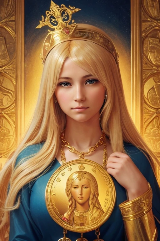 Produce a religious catolic painting of blond hair Our Lady of Money with golden chain with big golden dollar $ sign on chest. She is holding a lot of money. Money, money everywhere. Dolars, $$$$, Orange color layout.