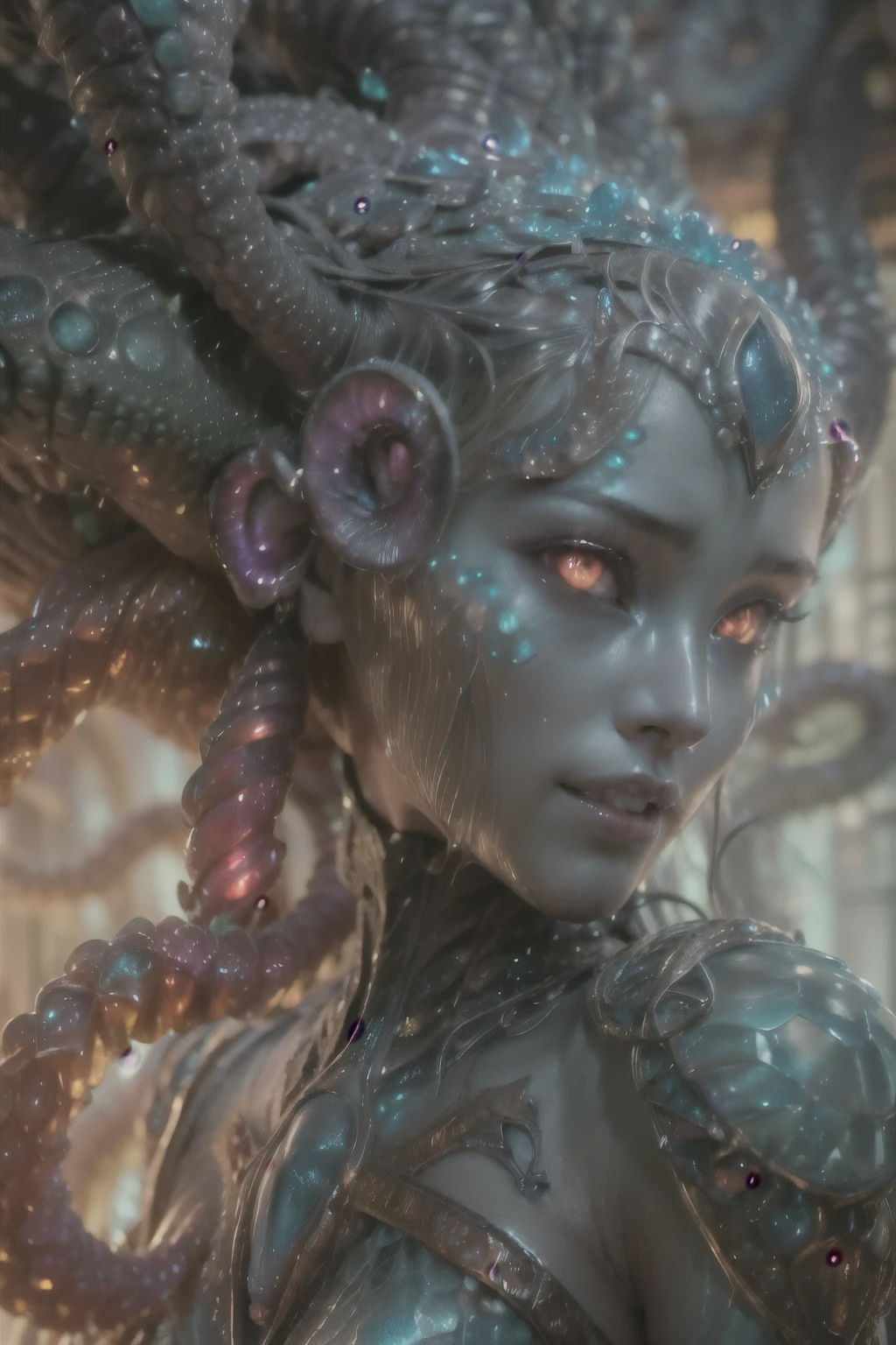 (1 beautiful and obscene female alien:1.4), (There is a female genital-like organ in the middle of her forehead:1.95), She has medusa-like hair, (there are lots of translucent tentacles from her head like her hair:1.5), (vulgarity1.7), (she is looking down at viewers with glowing red eyes with no pupils:1.6), (She has translucent pale skin:1.4),(She has the most beautiful face in the history of the universe:1.2), (She has multiple bioluminescent organs on the side of her tentacles:1.4), (Her body is covered with an iridescent exoskeleton:1.4), (She is showing her arm pits:1.6), an evil gaze that seduces, (looking down at viewers:1.4),(Vampire-like long canine teeth can be glimpsed through the gap between the cute lips:1.4) (bio luminescent:1.4), (Smile wickedly:1.3), (sexypose:1.4), alien, No humans, cells are fused, extraterrestrial, cell, bio image, ultra high resolution, (photos realistic:1.7), (Numerous award-winning masterpieces, with incredible detail, textures and maximum detail), Dramatic Lighting, cinematic quality, (exquisite details:1.2), High freshness, drawing faithfully, (Thick eyebrows:1.2), Beautiful eyes with fine symmetry,(Highly detailed face and eyes:1.2),(Super detailed skin quality feeling:1.4), perfect anatomy, (Beautiful toned body:1.5), (Moist skin:1.2), not wearing makeup, (dark circles:1.1), long canines, cinematic drawing of characters, cinematic quality, (exquisite details:1.2), high resolution, High freshness, drawing faithfully, official art, Unity 8K Wall paper, ultra detailed artistic photography, midnight aura, unreal engine 5, Ultra Sharp Focus, art by Amano Yoshitaka, ArtGerm, ultra realistic realism, dream-like, Creation of fantasy, dream Snail, (biopunk nautilus:1.3),Thrilling color schemes, seductively smiling, Amazing mutation, well-proportioned body, goddess of the deep sea, fractal, Geometric pattern, impossible figures, subtle emerald green accents, (expression of ecstasy:1.4), (beautiful small breast and nipples:1.2)