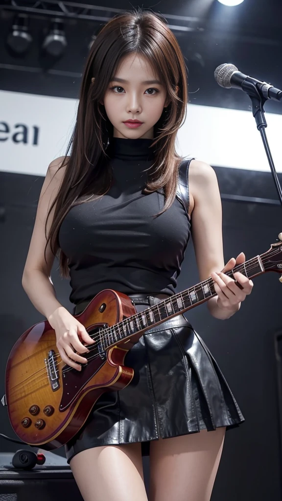 ผู้หญิงplay guitar live、Guitar Hold、 brown messy hair、((big breasts、breast augmentation、big breast))、Complex 6-string electric guitar:1.2、anatomically correct finger、gibson Paul、1 guitar only、short leather skirt、short leather skirt、short leather skirt、short leather skirt、short leather skirt、leather underwear、Concert stage、play guitar live、Guitar Hold