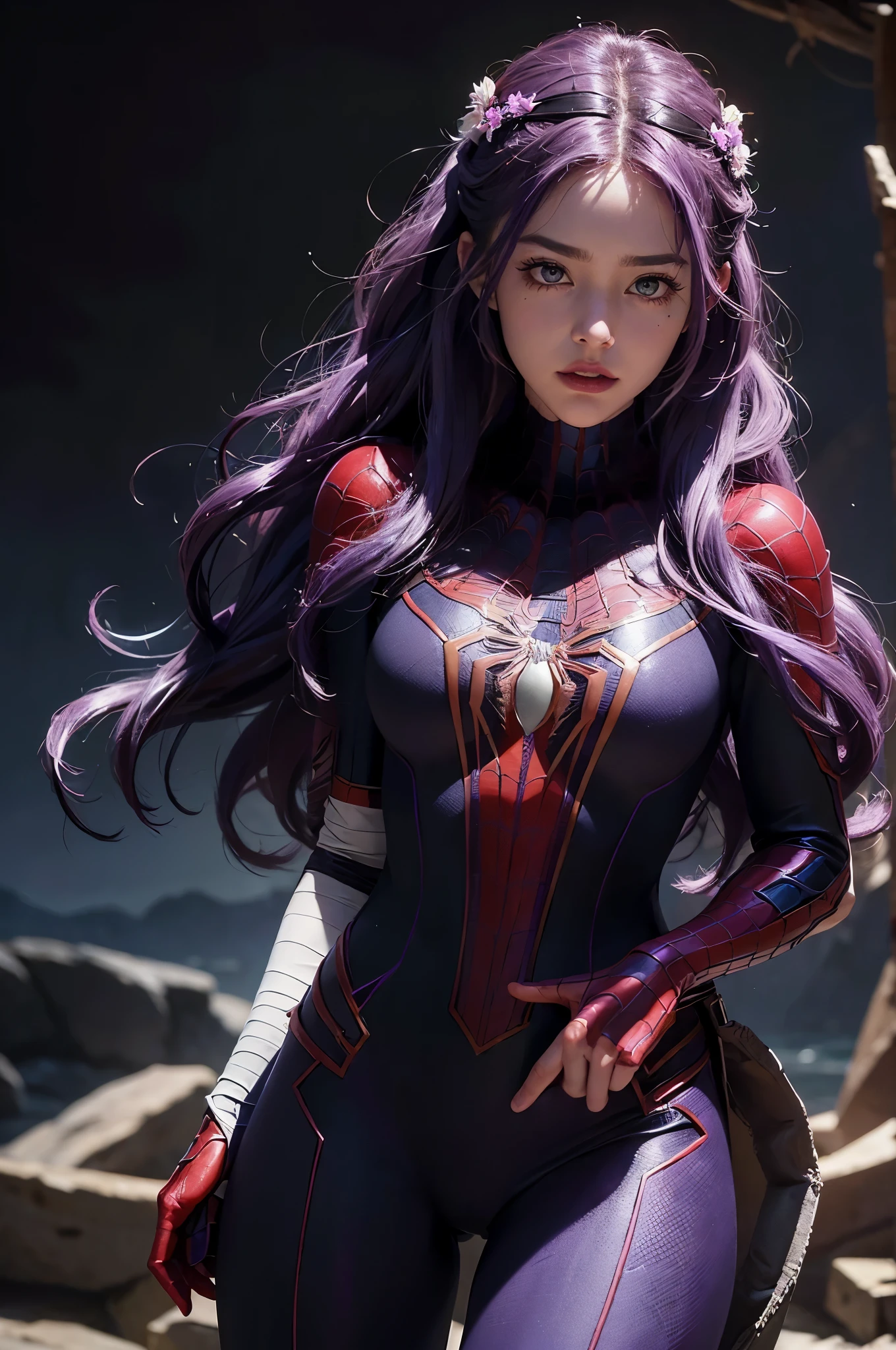 (Extreme Detail CG Unity 8K wallpaper, masterpiece, highest quality), (Exquisite lighting and shadow, highly dramatic picture, Cinematic lens effect), a beautiful girl in a purple Spider-Man costume, purple curly hair color, long hair, braiding hair, flower on the head, beautiful purple eye, evil face, pursed lips, from the Spider-Man parallel universe, Wenger, Marvel, Spider-Man, on the cave, very beautiful face, dynamic pose), (excellent detail, excellent lighting, wide angle), (excellent rendego on cave, enough to stand out in cave, clasocus on purple Spider-Man costumes, complex spider textures