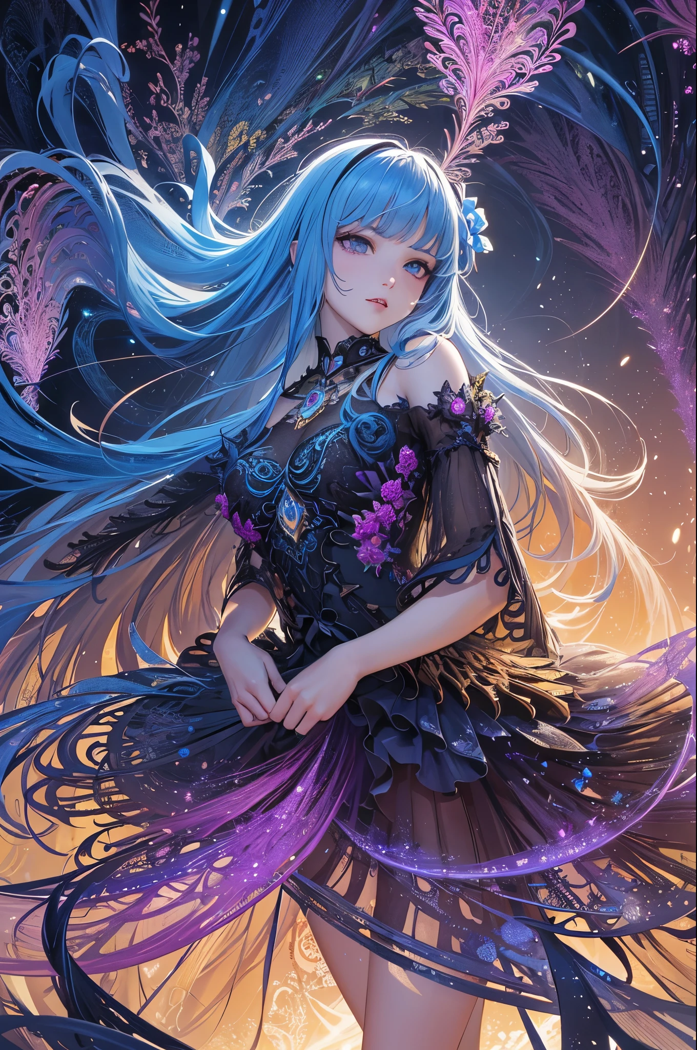 ((Highest quality)),(Ultra-high resolution),A deep blue cocktail dress with a rose pattern,Highly detailed CG Unity 8k wallpaper, Cool, lots of Earrings, Earrings, Blue hair, Curly Hair, Blunt bangs, Straight bangs, Blue eyes, White skin, Gal, Improve、Flat Chest、Reduce exposure