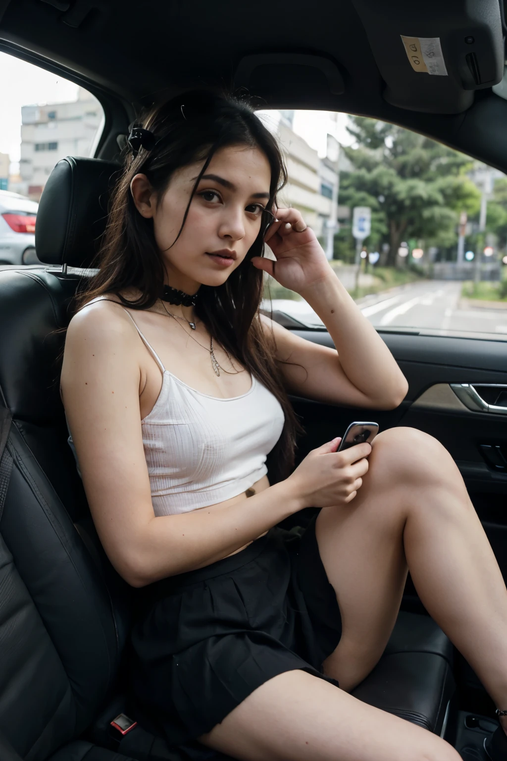 cruel ((Peruvian goth 18 yo goddess)) sitting in a car with her feet up while talking on her cell phone, short pleated skirt, checking her phone, low quality photo, in the middle of the Tokyo city streets, cannabis forest city streets behind her, driving