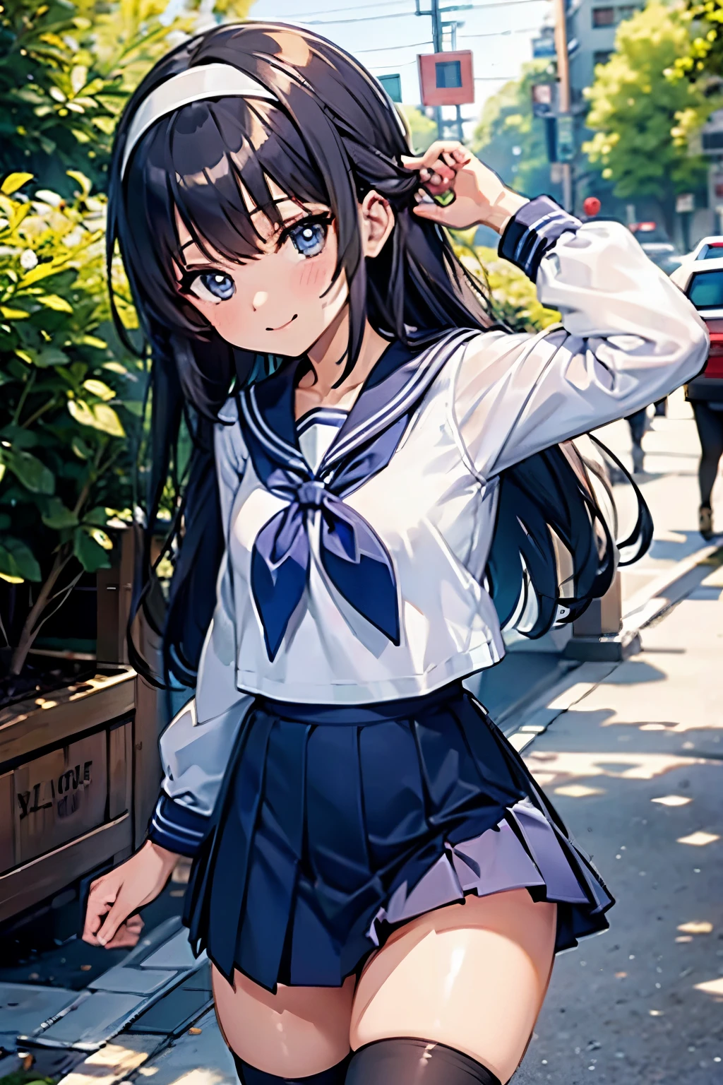 High school girl in sailor suit, Anime 2D rendering, White headband, smile, black hair, Straight hair, Semi-Long Hair, navy blue sailor uniform, black stockings, school scenery, small face, trot, 