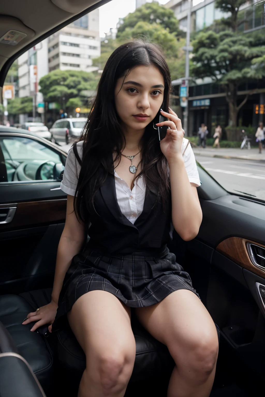 cruel Egyptian goth 18 yo goddess sitting in a car with her feet up while talking on her cell phone, short pleated skirt, checking her phone, low quality photo, in the middle of the Tokyo city streets, cannabis forest city streets behind her, driving