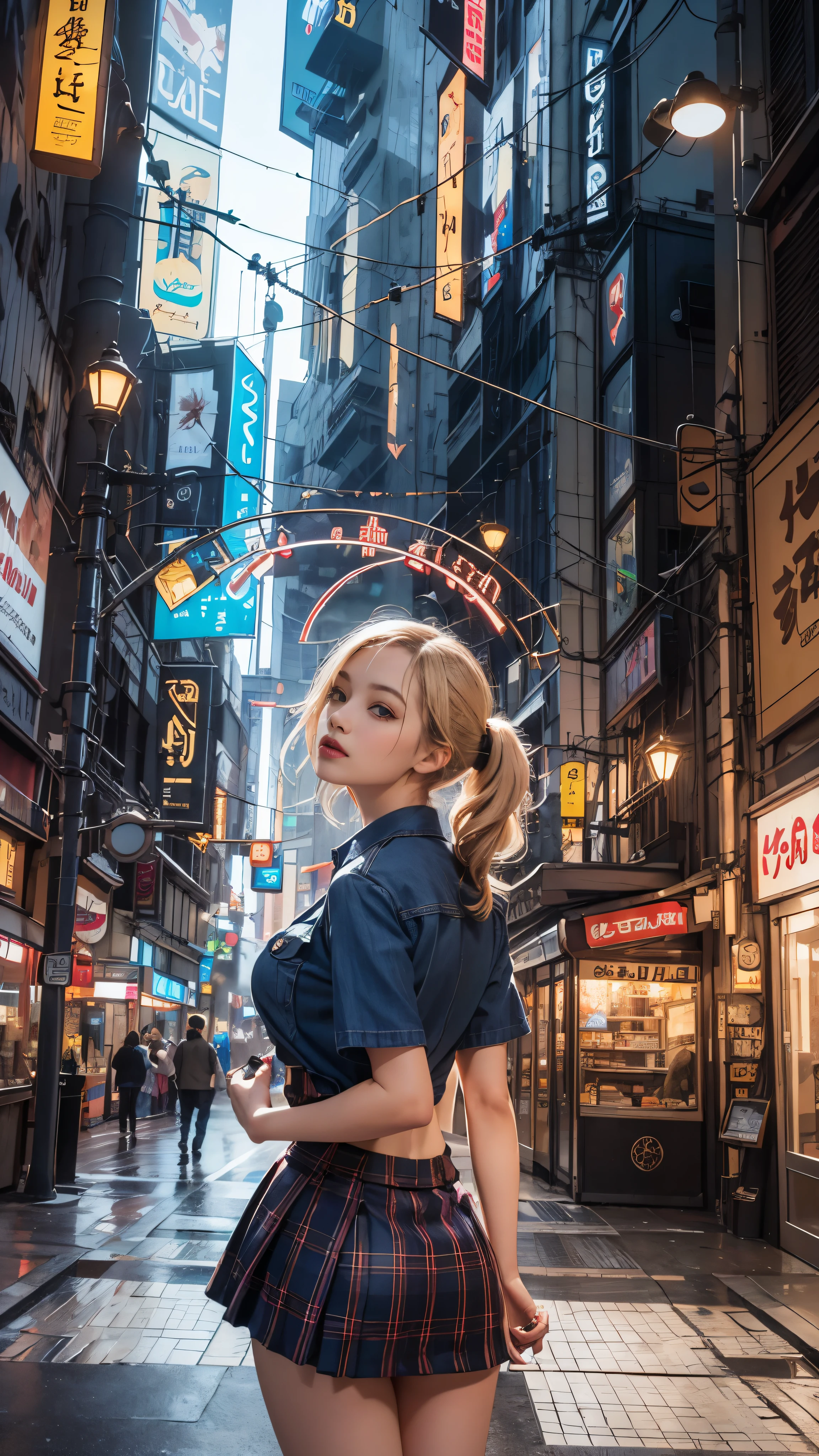 (masterpiece:1.2, highest quality), realistic, (real image, intricate details, written boundary depth), japanese woman、20-year-old、Faded blonde hair、ponytail、Fluttering breasts、(Short sleeve blouse、navy striped quilted vest、Tartan check tie)、(Super short pleated skirt in navy blue)、medium milk, Cute surprised face、((Pose that emphasizes the buttocks、looked back))、sexy hips、white sneakers、((((the wind blew my skirt, expose my ...))))、(Pants with bear illustration)、、(Please tilt your head slightly)、(High resolution, bright colors, Super detailed), high tech arcade game room, futuristic game console, intricate details, Athletes passionate about playing, realistic lighting, LED lights reflect on players and machines, bright colors create a futuristic atmosphere, An innovative perspective from the machine screen, Against the backdrop of a futuristic city
