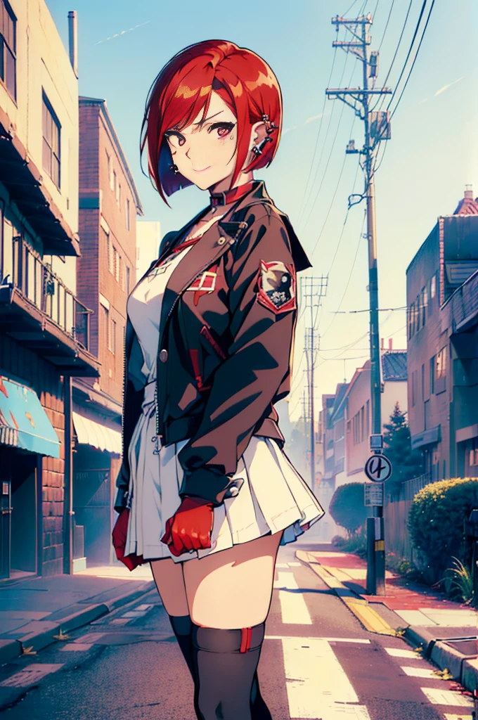 a sukeban girl in the art style of persona5 and in the art style of street of rage 4, delinquent, (sukeban), mature_female, blush, mature, older woman, 25 years old, Sukeban teacher outfit, ((((1girl, solo female, solo, solo focus:1,9)))++++, choker, sukeban teacher, sukeban fighter, long_sleeves, open jacket, blue jacket,( jean)+++, light skin tone female, (full body)+++++, jacket, biker jacket, tape, arm_support, gloves, red_gloves, bridal gauntlets, nail polish, boots, black_footwear, fighter outfit, (full body)+++++++, hourglass, mature face, cheeky smile, cheeky face, wrinkles, (((((red hair, short hair, bob cut, earrings, ear piercings)))), red eyeighting art, Martial arts, standing, fighting_stance, fight, fighting), extra colors, 2D, megapixel, perfectionism, accent lighting, full HD , (Masterpiece:1.2), (full-body-shot:1),(cowboy shot:1.2), (Highly detailed:1.2),(anime Detailed Face:1.2), Colorful, A detailed eye, (Detailed landscape:1.2), (natural lighting:1.2), ((sukeban school teacher)) by Vincent Di Fate: Aidyllery, Anamorphic Shot, rule of thirds, face by Artgerm and WLOP, ((street of rage 4 city backround)), fictive city backround in the style art of street of rage 4,