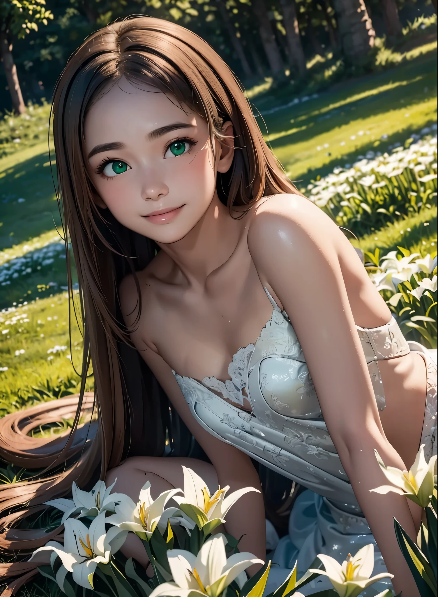 (masterpiece), (highest quality), ultra high resolution, sharp focus, ((1 female, alone)), Upper body, dutch angle, beautiful fine hair, chestnut hair, long hair falls, beautiful detailed face, ((Beautifully shaped eyes, green eyes)), perfect feminine face, look at the audience, smile, Feminine light coordination, In the meadow of lilies flowers, sitting on the ground