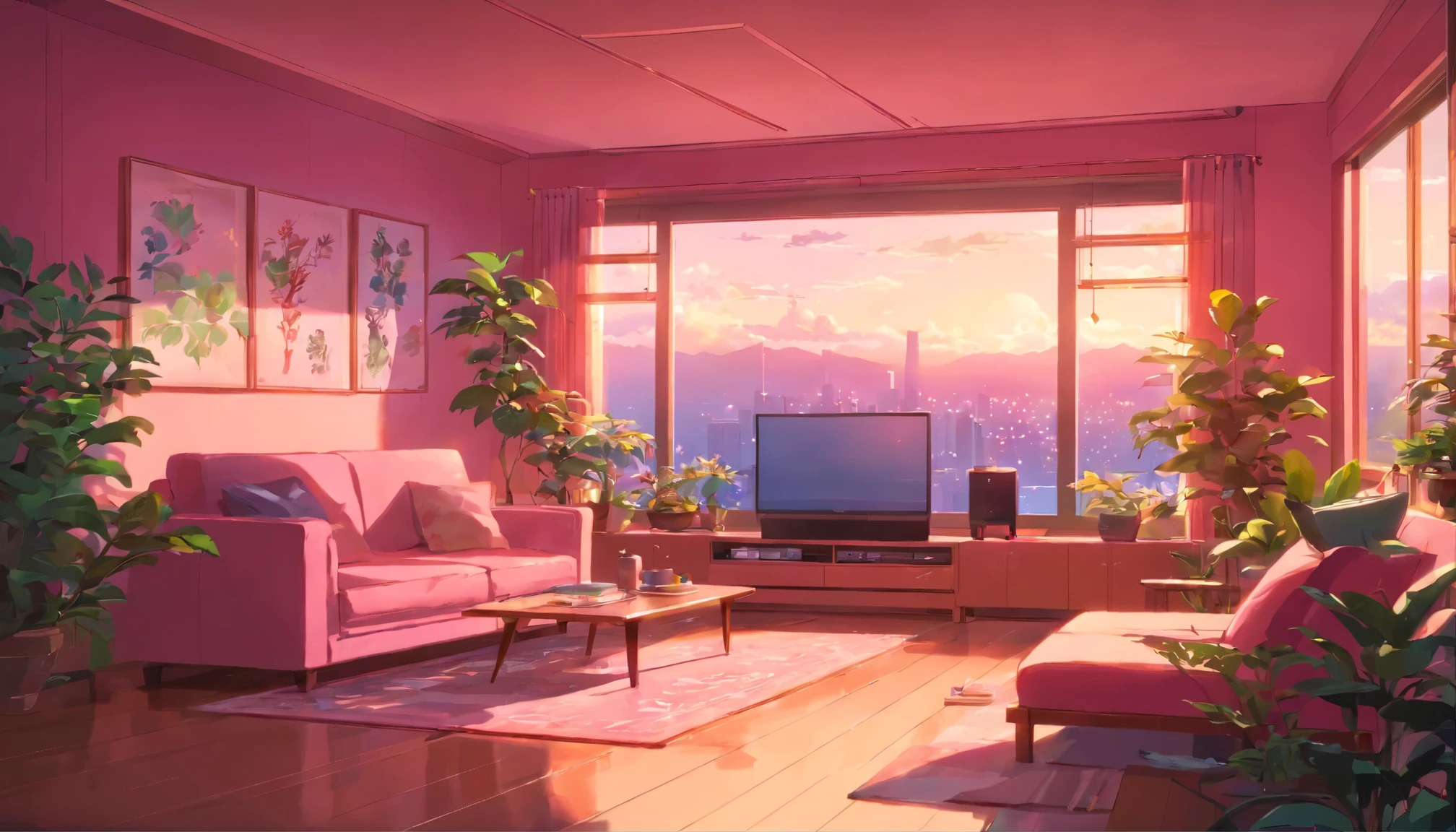Spacious and cozy neon pink living room with wooden plants and large TV screen
