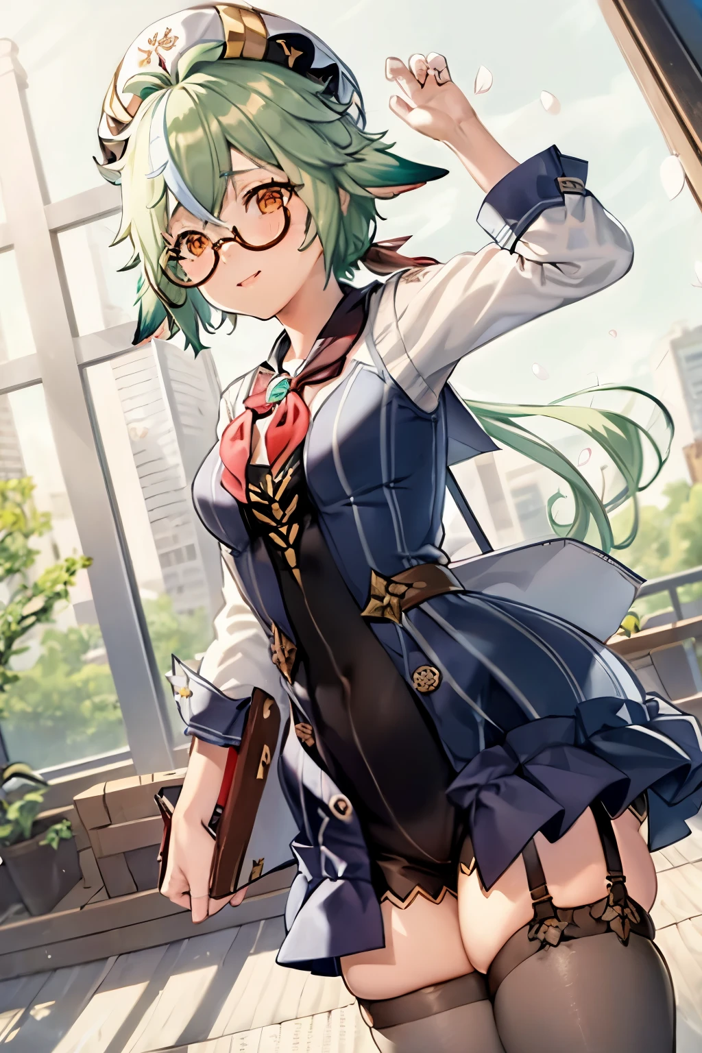 masterpiece, best quality, 1girl, skirt, school uniform, thighhighs, hat, cherry blossoms, green hair, blue skirt, pleated skirt, long hair, alternate costume, glasses, long sleeves, open mouth, semi-rimless eyewear, slime (genshin impact), shoes, serafuku, petals, neckerchief, white shirt, book, holding, shirt, red neckerchief, brown footwear, multicolored hair, sailor collar, white headwear, bangs, loafers, pencil, zettai ryouiki, blush, looking at viewer, animal ears, paper, full body, hat removed, solo, streaked hair, headwear removed, orange eyes, hair between eyes, black thighhighs, very long hair, pen, contemporary, hands up, notebook, open book, sidelocks, blue sailor collar, ponytail, under-rim eyewear, brown eyes, low ponytail, floating, blurry, smile, holding book, yellow eyes, eraser, holding pencil, two-tone hair, cat ears, dango