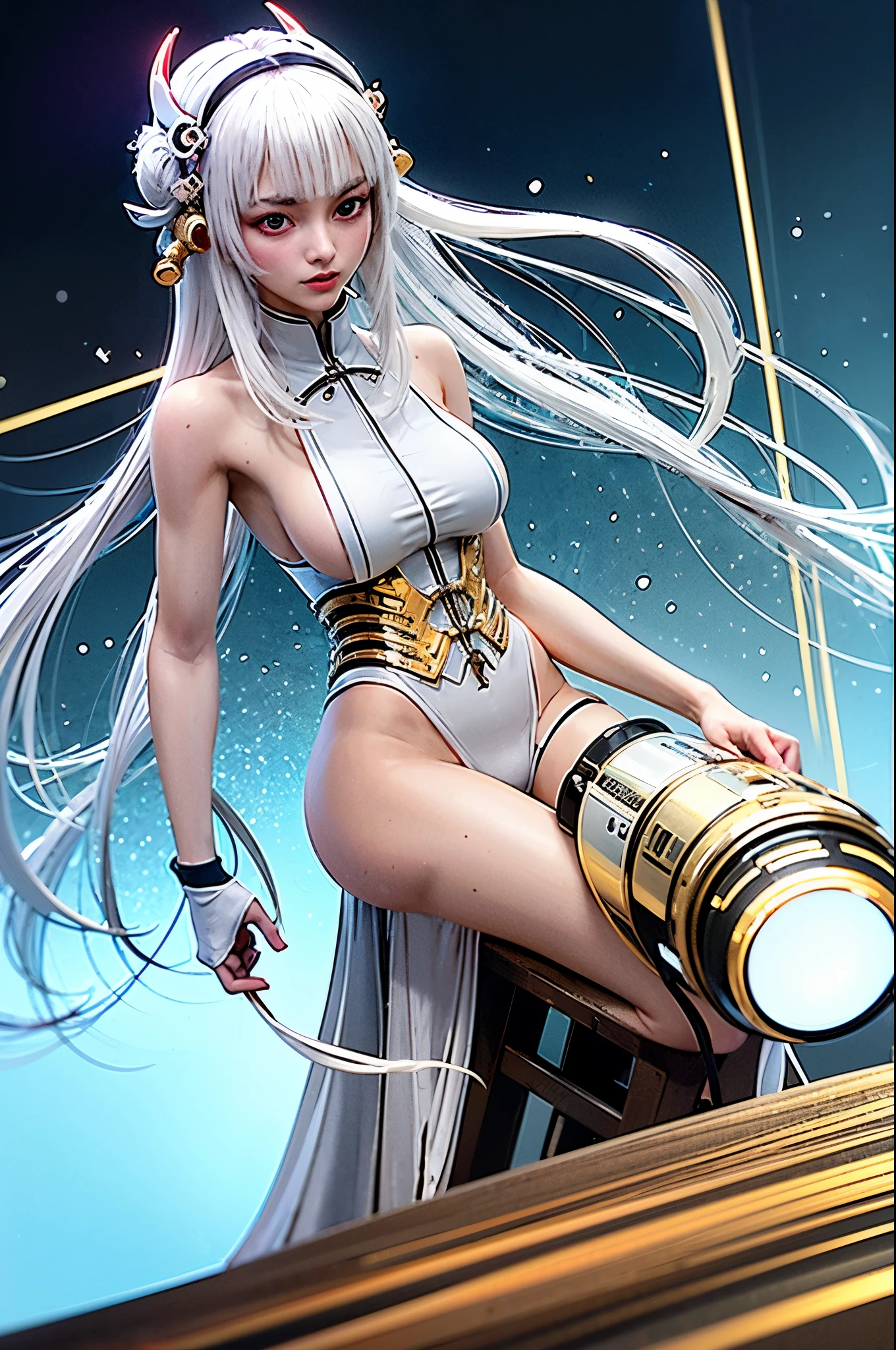 A photograph of mid-twenties Japanese female android made of shiny white and silver translucent glass and plastic, geisha makeup and hairstyle, silver metal internal body mechanisms, dynamic pose, flowing organic construction, glowing golden circuitry, colorful neon trim, glowing circuitry, neon trim, depth of field focus f/2.8, art by H.R. Giger, Greg Rutowski