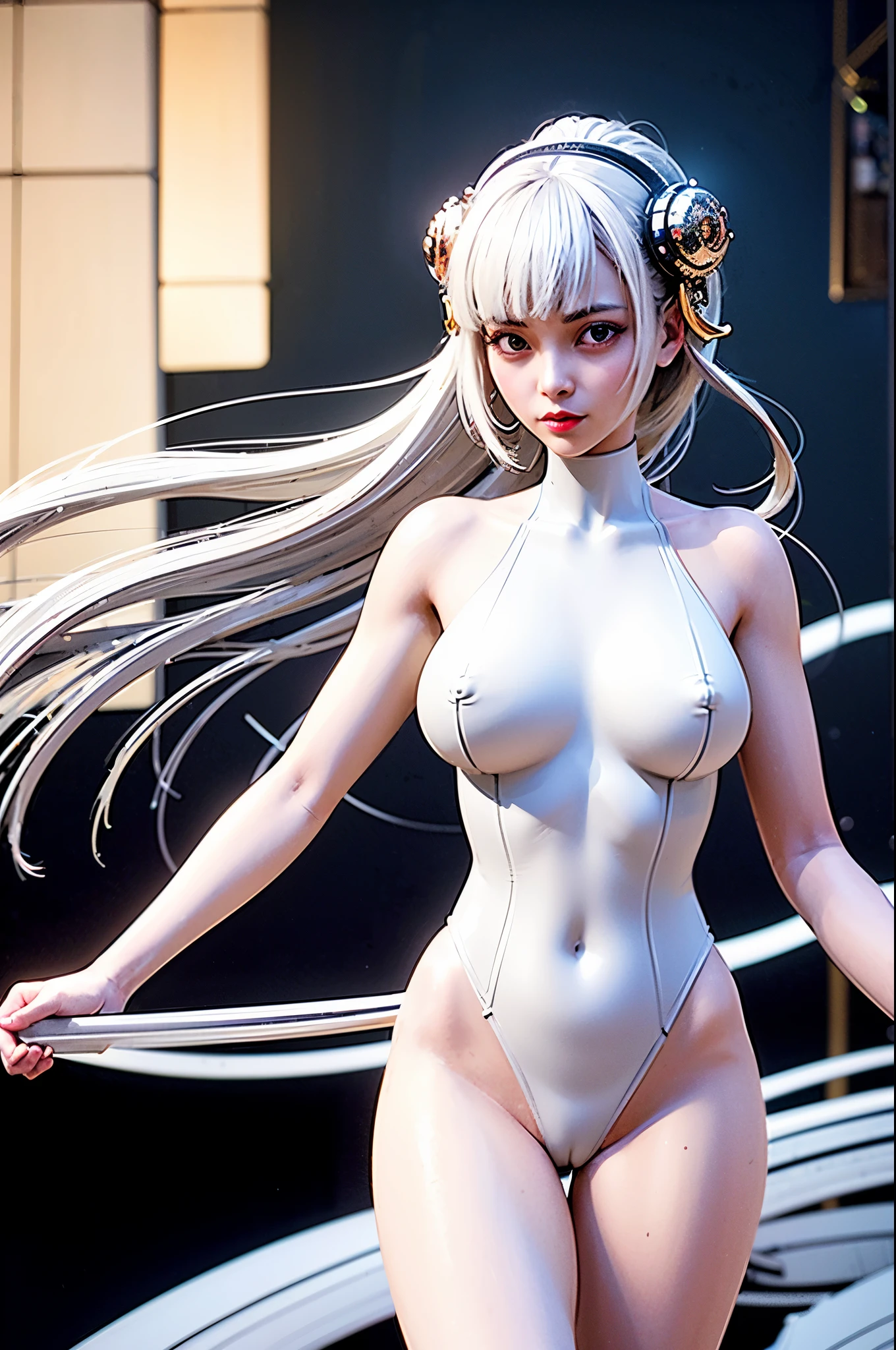 A photograph of mid-twenties Japanese female android made of shiny white and silver translucent glass and plastic, geisha makeup and hairstyle, silver metal internal body mechanisms, dynamic pose, flowing organic construction, glowing golden circuitry, colorful neon trim, glowing circuitry, neon trim, depth of field focus f/2.8, art by H.R. Giger, Greg Rutowski