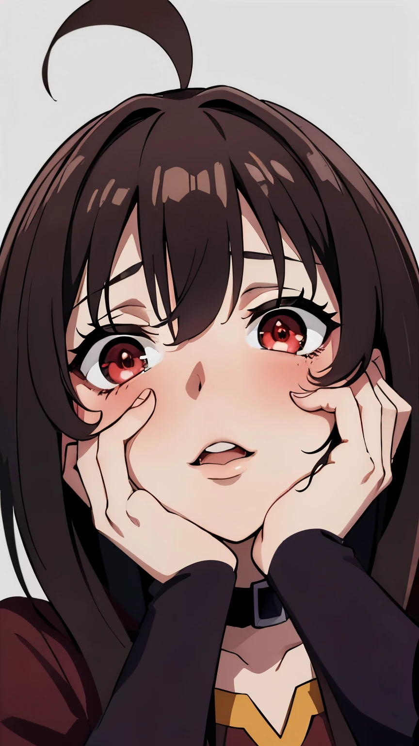 (best quality,highres:1.2),ultra-detailed,realistic,portrait,anime,Megumin,staring at you intensely,red eyes,intense gaze,brown hair,blushing profusely,heart pupils,breathing heavily