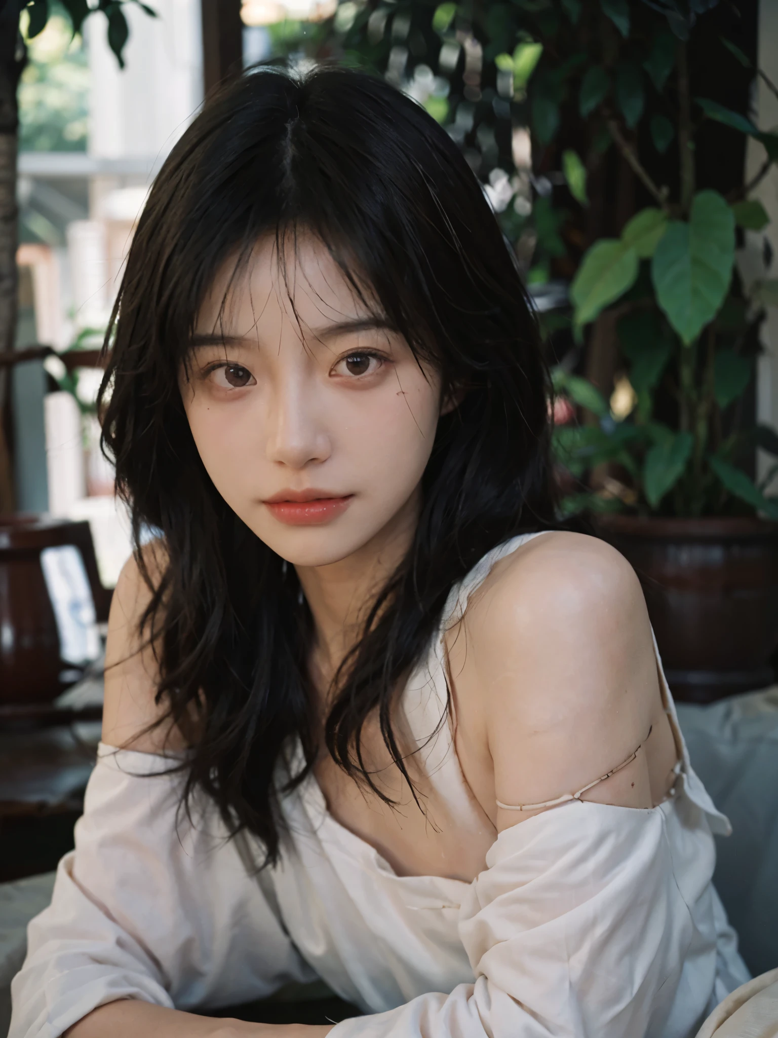Film portrait photography, 2 girls, bare shoulders, Shoulder length wavy hair, serene, calm, (Realistic and detailed eyes, natural skin texture,Sunlight， Realistic facial details), Soft dramatic lighting, depth of field, Bokeh, Vibrant details, Detailed and detailed, surreal, 35mm film, hazy, ,