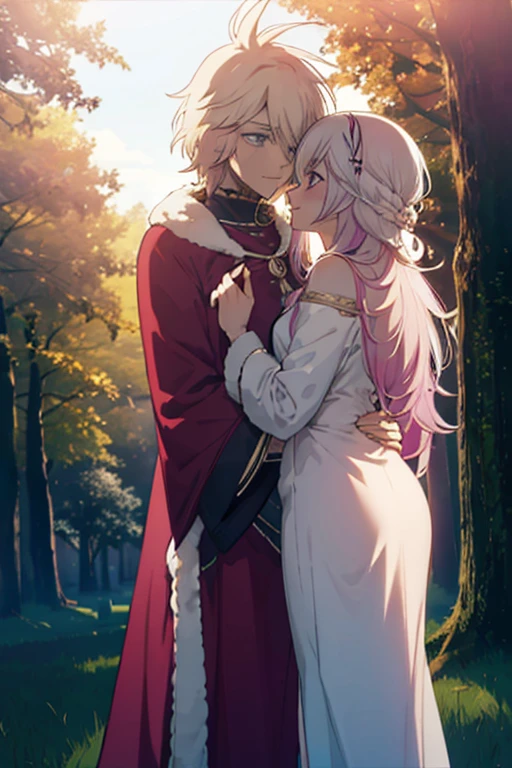 A white haired king with white eyes is kissing a pink haired woman with violet eyes with an hourglass figure in a cemetery in gothic clothing