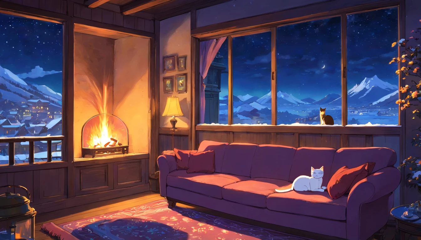 Cat sleeping on the couch, Beautiful landscape window,snow, night sky, moonlight,dark room,Fireplace light.