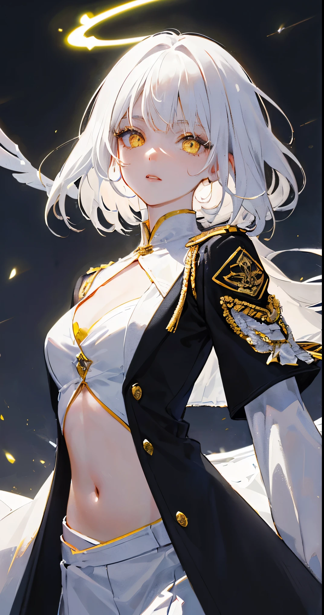 High resolution, best quality, illustration, cinematic light, Super detailed, detailed face, (Quality with attention to detail, hyper-detailed, muste piece, (detailed face), white hair,yellow eyes, best details, glowing eyes, medium burrito, black halo, white clothes,Navel exposed,Clothes that show lower breasts,uniform,backlight inidrift:1.4), light, (high contrast), (colorful),