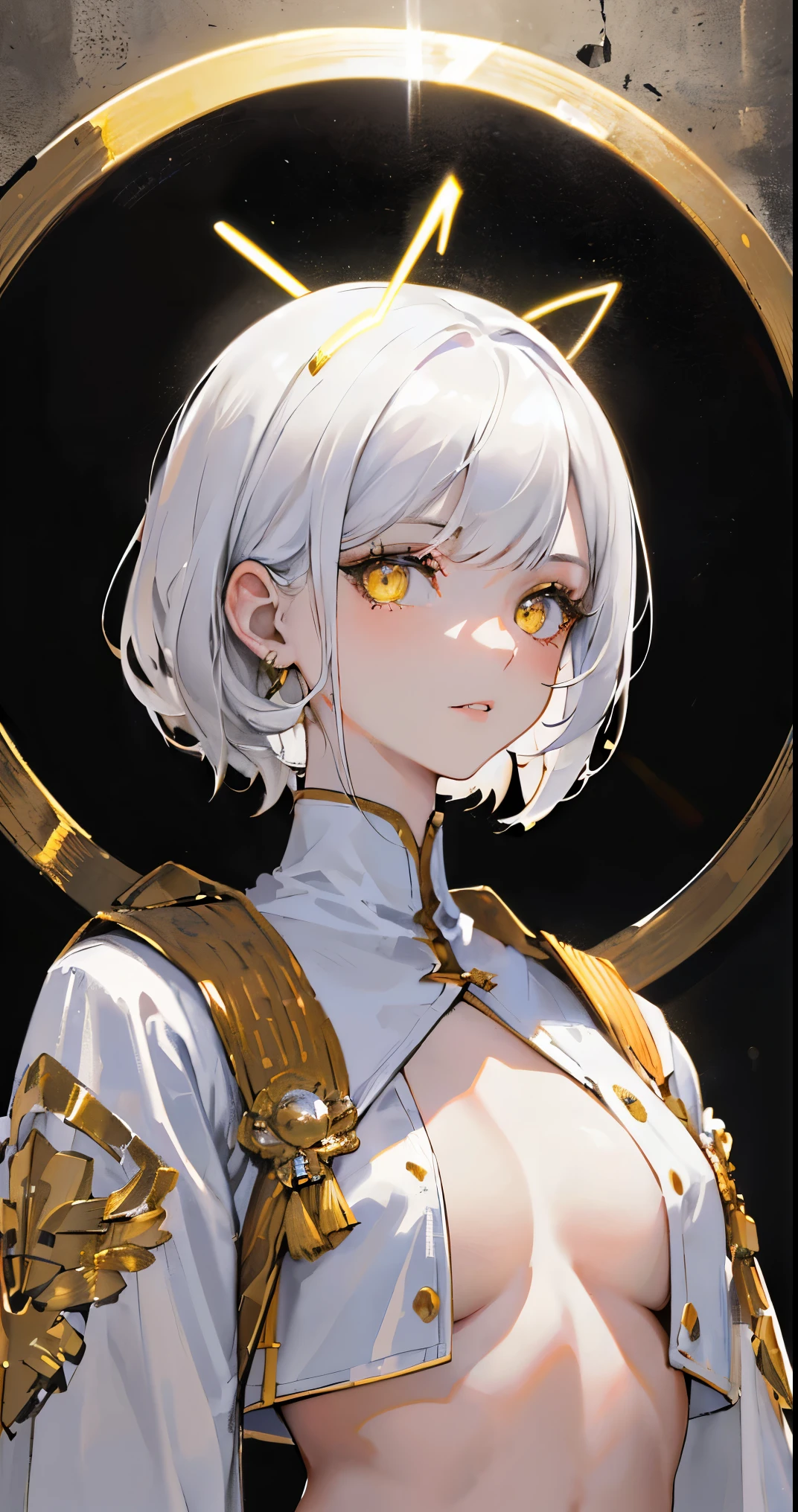 High resolution, best quality, illustration, cinematic light, Super detailed, detailed face, (Quality with attention to detail, hyper-detailed, muste piece, (detailed face), white hair,yellow eyes, best details, glowing eyes, medium burrito, black halo, white clothes,Navel exposed,Clothes that show lower breasts,uniform,backlight inidrift:1.4), light, (high contrast), (colorful),