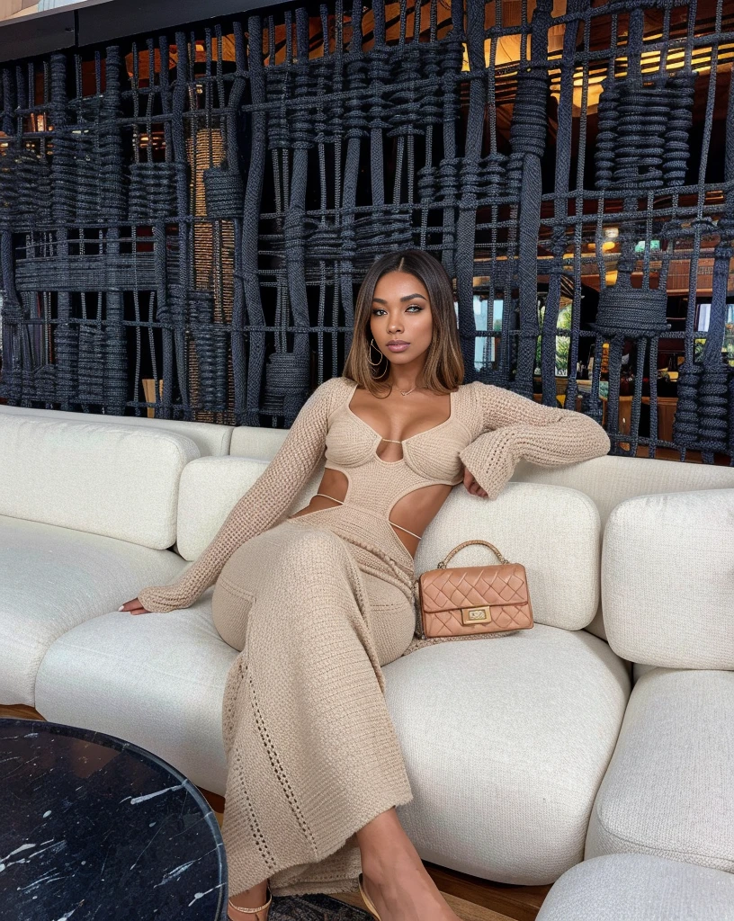 there is a woman sitting on a couch with a purse, inspired by Esaias Boursse, with tanned skin, sitting in a lounge, by Robbie Trevino, in style of nadine ijewere, cosy vibes, tan, gorgeous lady, beige, wearing a sexy cropped top, sitting on a mocha-colored table, muted brown, cute woman, by Alexander Brook