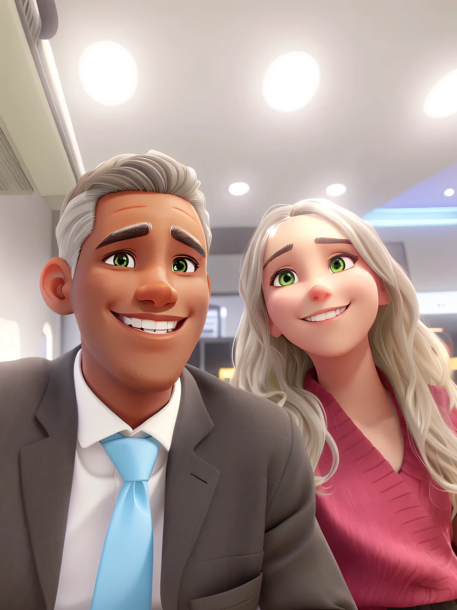homem sorrindo, cabelos castanhos grisalhos pele escura olhos castanhos, loira mulher cinza olhos verdes claros cabelo branco sorriso