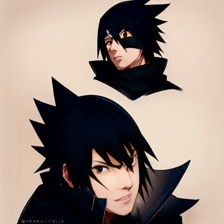 artwork, best quality, ultra-detailed, illustration, Sasuke Uchiha A man with black hair and black eyes looks at the camera with a serious look on his face, with colorless image