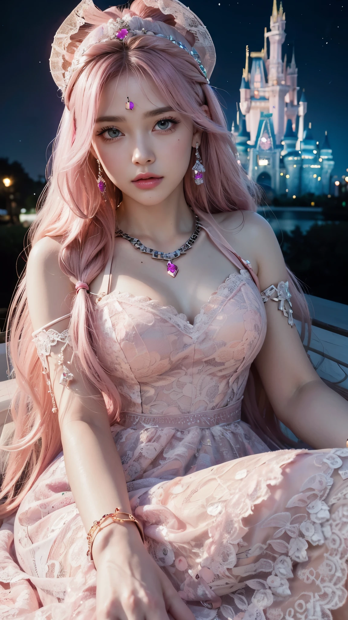 A young woman with long, wavy pastel-colored hair sits gracefully, dressed in an elaborate, fantasy-themed gown. The gown features a mix of soft pastel colors, including pink, blue, and lavender, adorned with sparkling embellishments and a large bow at the bust. She has a pair of large, fluffy cat ears on her head, matching her soft, fluffy tail. Her eyes are large and expressive, with a gentle and inviting expression. The scene is softly lit with a magical, dreamy ambiance, highlighting her smooth skin and the intricate details of her outfit. She wears delicate jewelry, including a butterfly hair clip, adding to the whimsical nature of her appearance. The background is soft and blurred, enhancing the ethereal feel of the image.