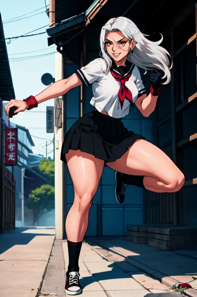 sukeban illyasviel_von_einzbern, mature_female, silver hair, holding yoyo, combat pose, full body, flowing hair, hair between the eyes, asymmetrical hair, red eyes, delicate facial features, sukeban deka clothe, looking_at_viewer, outdoors, background tokyo, ((solo girl:1,5))+++++,woman in a 80's sukeban seifuku standing on a set of strees, black , 80's japanese sukeban photo, sukeban seifuku,  80's japan, sukeban, long black skirt, red converse, full body, light skin tone female, full body, tape, arm_support, gloves, red_gloves, bridal gauntlets, blackred_footwear, fighter outfit, full body, hourglass, mature face, cheeky smile, cheeky face, wrinkles,( silver long hair, earrings, ear piercings), realistic, (fighting art, Martial arts, standing, fighting_stance, fight, fighting), extra colors, 2D, megapixel, perfectionism, accent lighting, full HD , 4K, masterpiece, empty red eyes