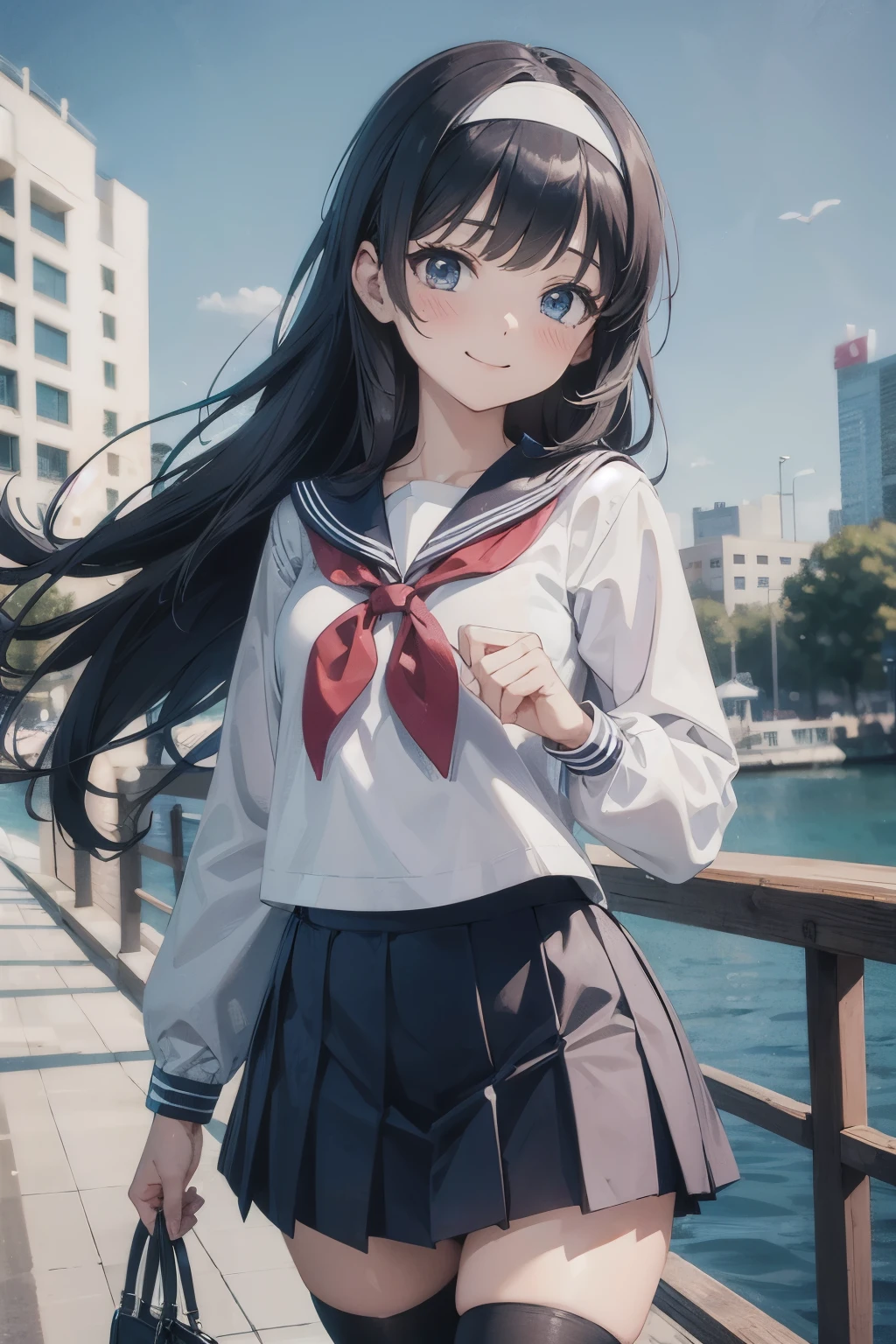 High school girl in sailor suit, Anime 2D rendering, White headband, smile, black hair, Straight hair, Semi-Long Hair, navy blue sailor uniform, black stockings, school scenery, small face, trot, 