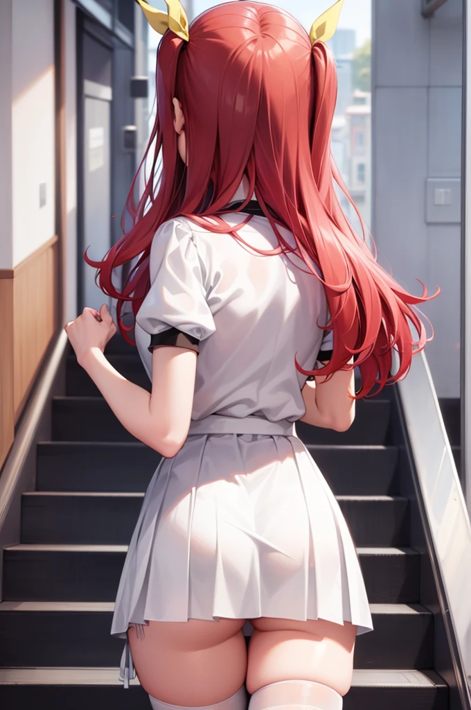Stella Vermillion, Stella Vermillion, hair between eye, Hair intake, Hair Ribbon, Long hair, (Red Eyes:1.5), Red hair, two side up, Yellow Ribbon,Blake Black Choker, Choker, emblem, Neck ribbon, Plaid, Puffy Short Sleeves, Puffy sleeves, Purple Ribbon, Red hair, bow ribbon, School uniform, Shirt, Short sleeves, Skirt, thighs thighs thighs thighs, White shirt, White skirt,BREAK looking at viewer,,Romper (masutepiece:1.2), Best Quality, High resolution, Unity 8k壁纸, (Illustration:0.8), (Beautiful detailed eyes:1.6), extra detailed face, Perfect Lighting, extremely details CG, (Perfect hands, Perfect Anatomy),、Stand on the escalator, (By up escalator), (lower body shot), Thigh Focus, (Taken from the bottom 1.3), (View from behind1.3)、 (white panties:1.3)、(Skirt that rolls up:1.3)、(Fully exposed panties:1.5),embarrassed, Blushing, wobbly mouth, (angry), Looking at Viewer, Outside, Panties, Sexy, thick thighs, wide hips、plein air、outside of house、(black thighhighs:1.3)