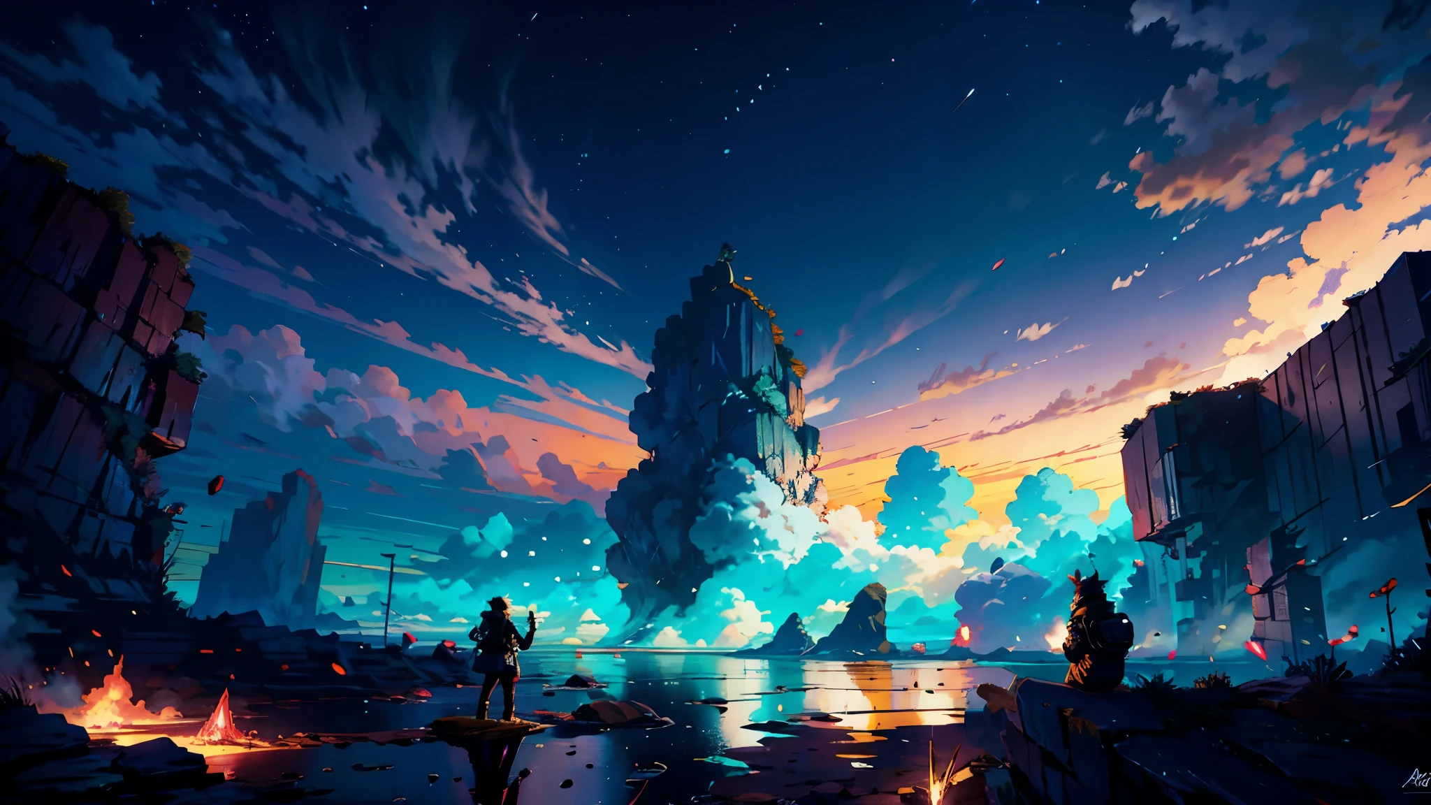Garoto heroico de anime estilo Boku no Hero Academia, se posiciona sozinho contra um exercito gigante, no estilo de arte de Makoto Shinkai, Papel de parede anime 4K, cosmic skies, papel de parede de arte de anime 8K, cosmic skies. Por Makoto Shinkai, amazing wallpaper,