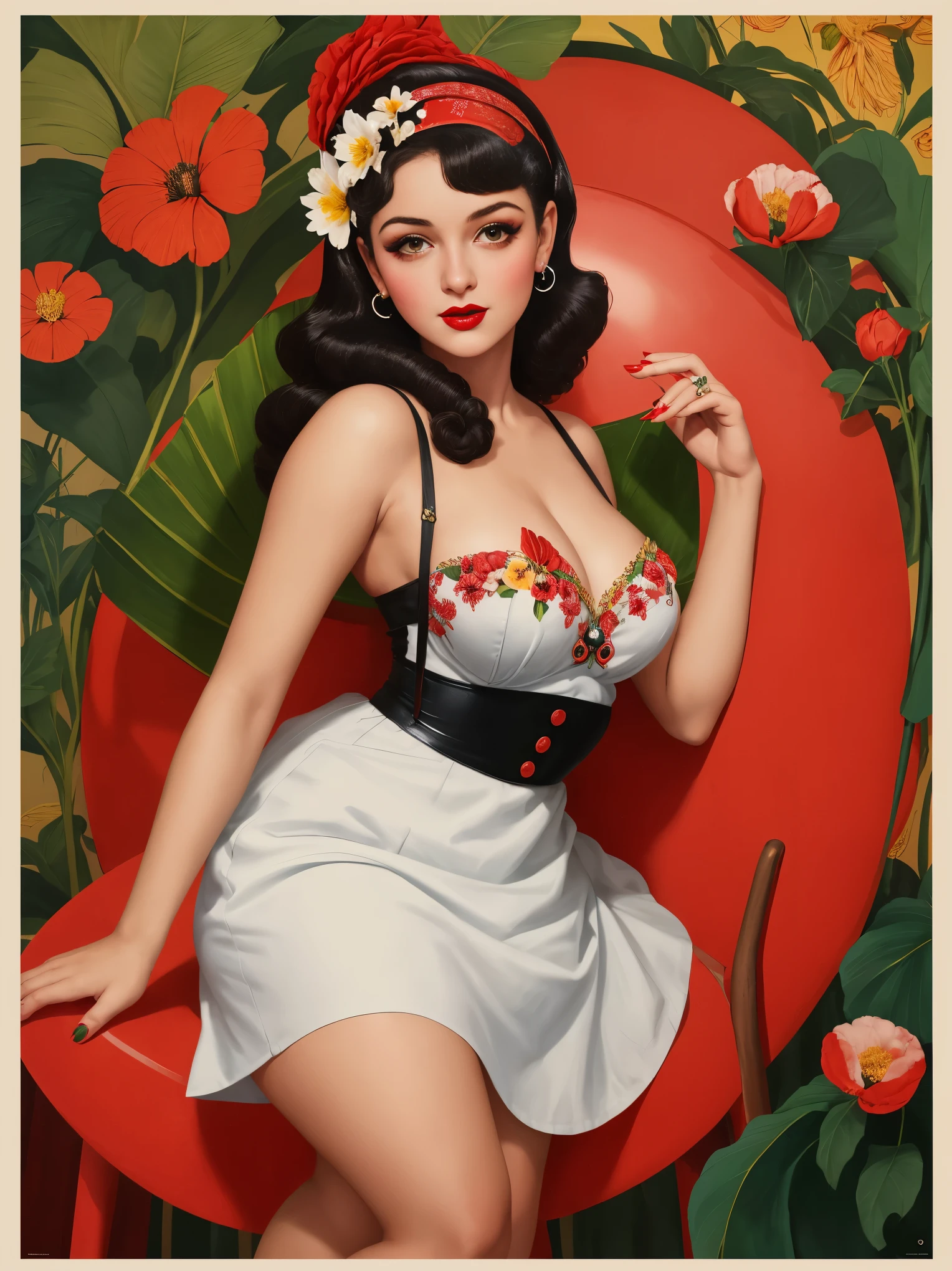 uma pintura de uma jovem mulher loira segurando um ramo de rossas vermelhas e brancas, a poster inspired by Art Frahm, obturador, arte pop, beautiful retro art, young Garota, pin-up poster Garota, Garota with a flower head, poster vintage, portrait young Garota, ( waitress ) Garota, retrato n - 9, Garota pinup, pin - up Garota, ( Arte Fitzpatrick )