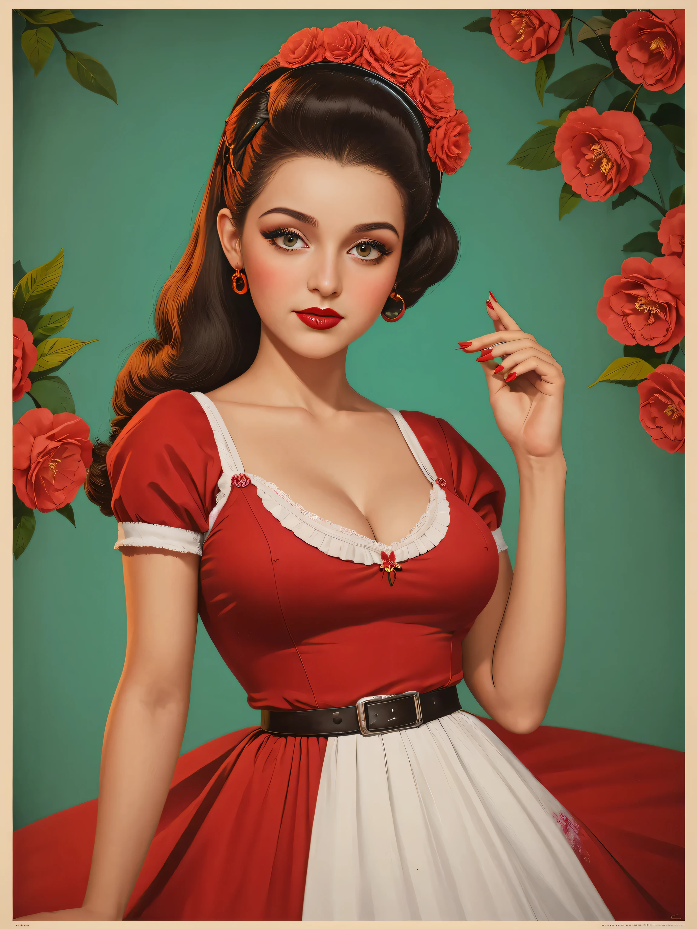 uma pintura de uma jovem mulher loira segurando um ramo de rossas vermelhas e brancas, a poster inspired by Art Frahm, obturador, Arte pop, beautiful retro art, jovem garota, pin-up poster Garota, Girl with flower head, poster vintage, portrait jovem garota, ( waitress ) Garota, Retrato N - 9, garota pinup, pin - up Garota, ( Arte Fitzpatrick )