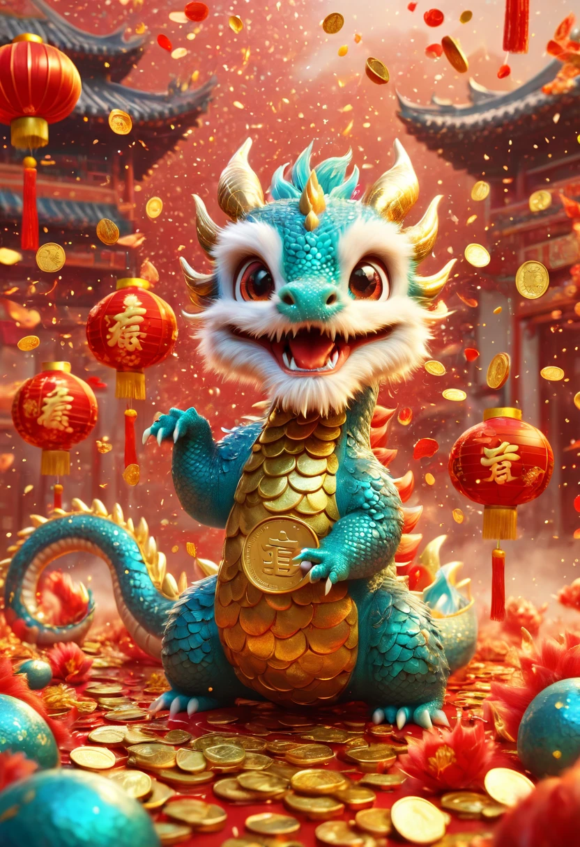 Chinese Lunar New Year has arrived，baby oriental dragon，cyan furry body，Warm，Many gold coins burst out from firecrackers，Red and gold confetti flying in the sky，（Gold coin rain），A strong festive atmosphere，It was lively。