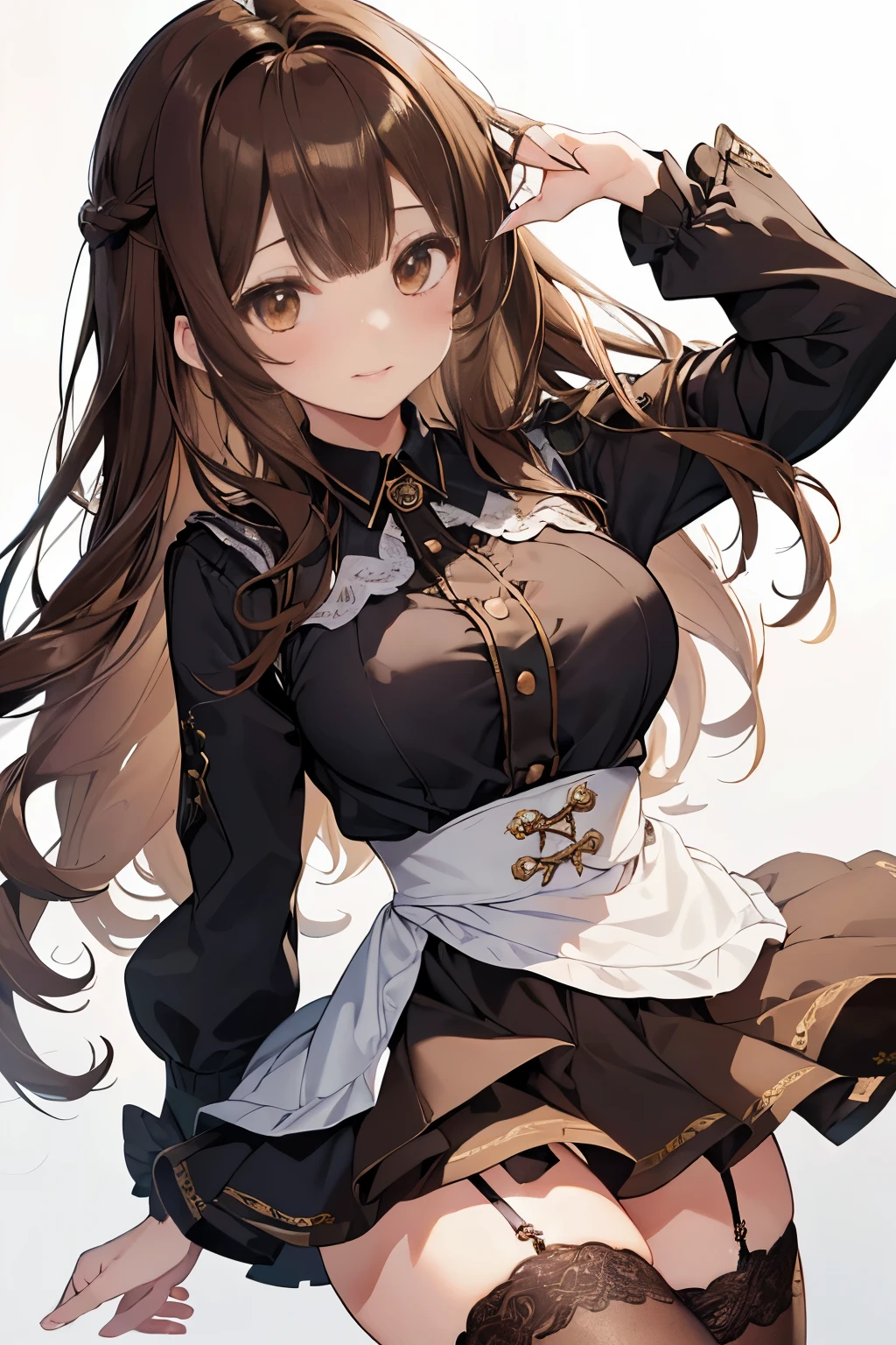 (Highest quality illustration:1.2), (cute女の子:1.1), (1 girl, solo:1.5), (1 girl、、cute、neat image、big breasts:1.5、highly detailed eyes:1.2)、((brown eyes、brown hair:1.5))、(long hair)、wavy hair、curly hair、bangs、Mini skirt dress、Mischievous smile、open your mouth、Hello、beautiful feet、black stockings、brown hair、wavy hair、break(highest quality、super detailed、Helloghly detailed and beautiful、超A Hellogh resolution、arm details:1.2)、Close-up、breast enhancement, wink