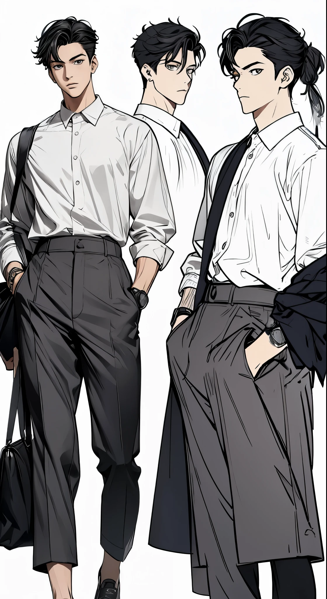 ((full body)), student uniform, white shirt, black suit, white sneakers, character sheet, full body turnaround, detailed body, detailed clothing, handsome man, original character