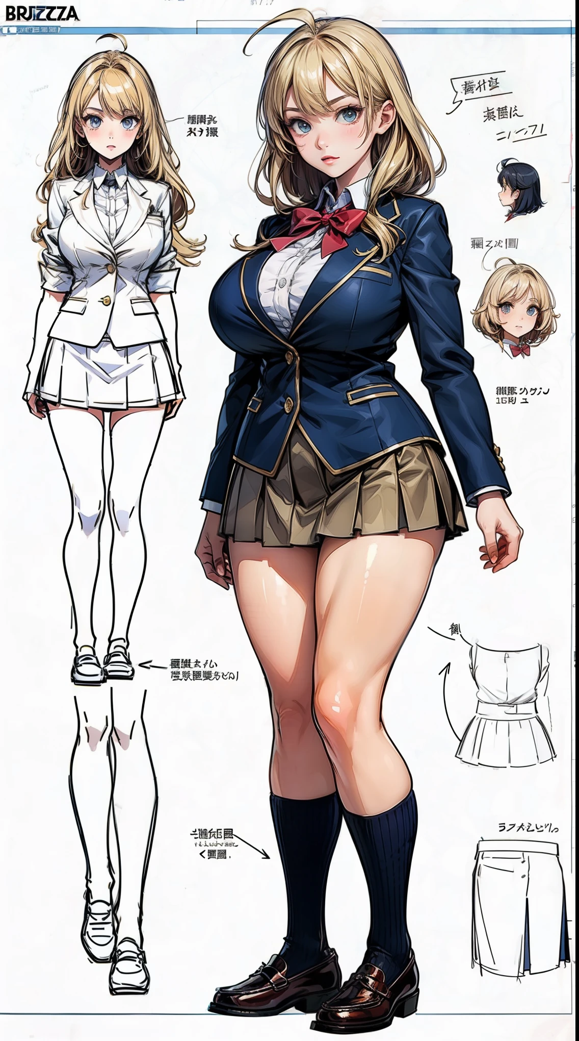 girl, solo, full body, from head to toe, standing, (Huge_Breasts:1.3),

Character Design Sheet, character reference sheet, Blueprint Schematic Drawing, technical drawing, blueprint, schematic,
((Character Design Sheet:1.7, character reference sheet:1.7,)),

an anime/cartoon character wearing a girls school uniform, 1girl, solo, thigh-highs, ブレザー burezaa (Blazer), ahoge, long hair, bow, school uniform, shoes, loafers, ribbon, (very short skirt:1.4),