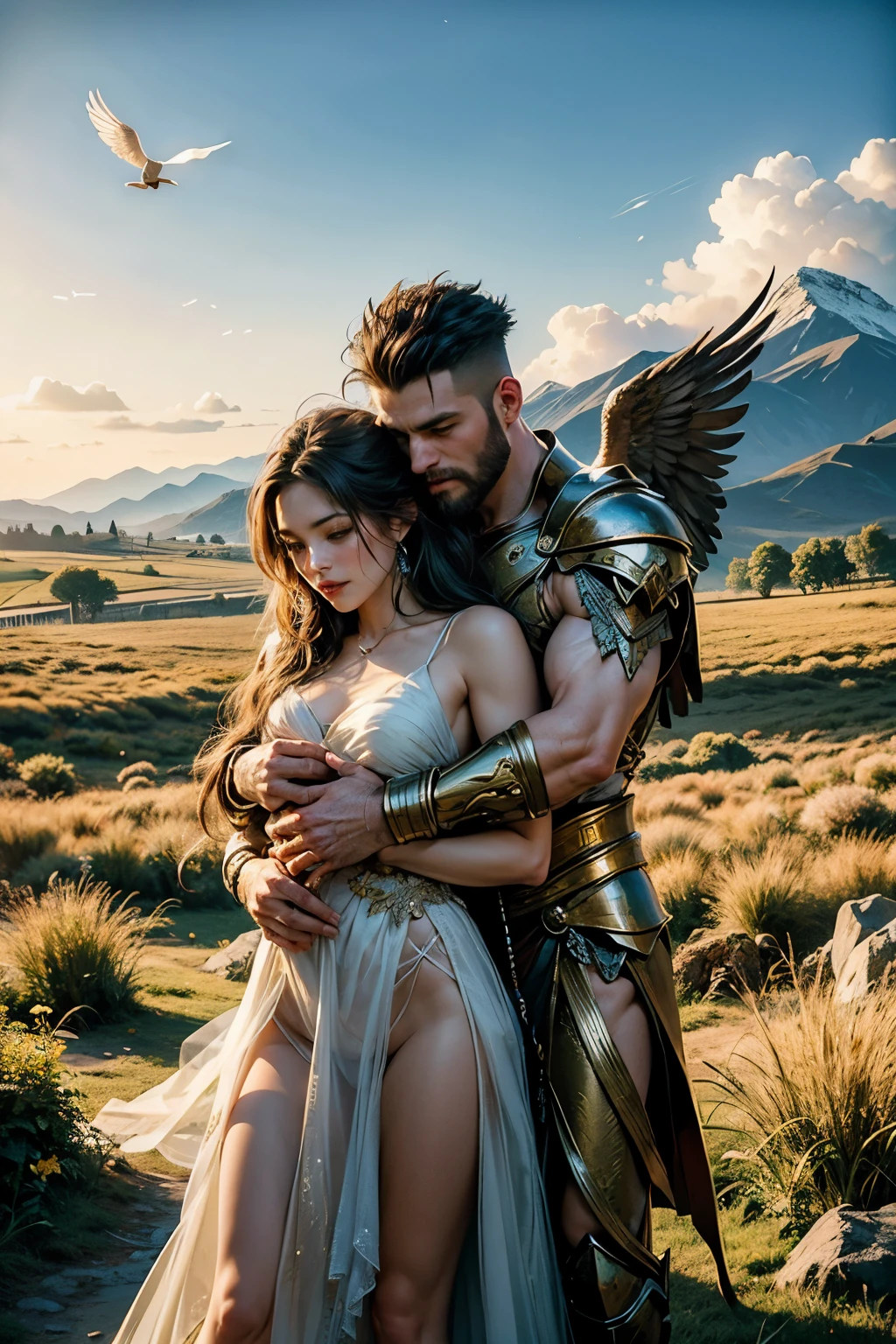 (Best Quality, 4K), Epic Angel-Man, One strong and muscular man with wings, Soft feathers glowing in the golden sunlight, Protective arm around a beautiful young woman, Her eyes locked with his in deep admiration, scene set in idyllic meadow, Wings spread wide in a loving embrace, Golden and intricately textured feathers, Realistic, Detailed description of facial features and muscles, Ultra detailed - every vein and muscle fiber visible, Breathtakingly beautiful landscape with rainbow in the background.