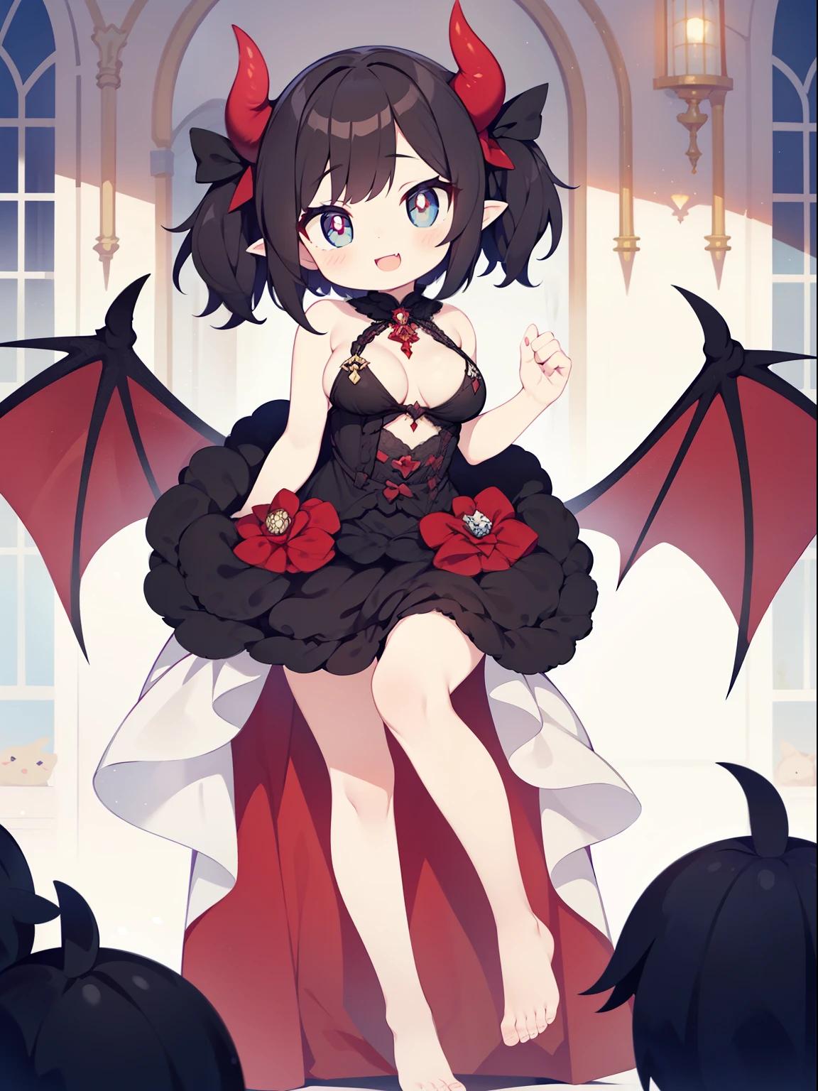 (one little devil girl:1.2), (alone:1.2),(13 year old girl)、young girl、big breasts、 table top, nffsw、shader、highly detailed eyes、black髪、silky hair、ultra-intricate pupil in eyes、highest quality、Lift your with your hands、Dresses that are too big for your body type、hide cleavage、Low exposure、bright colors、Bust 100、Standing picture of the game、Pose to emphasize、Little Devil Dress(Large and wide々it was、black)(big fluffy costume)(side boob)(underboob)、devil's wings、Mini skirt dresses、panty shot、thin legs、barefoot、Chin Elkai、bare hands、stinky eyes、grinning expression、evil smile、Eyes half closed、open your mouth、Showing the soles of the feet、standing pose